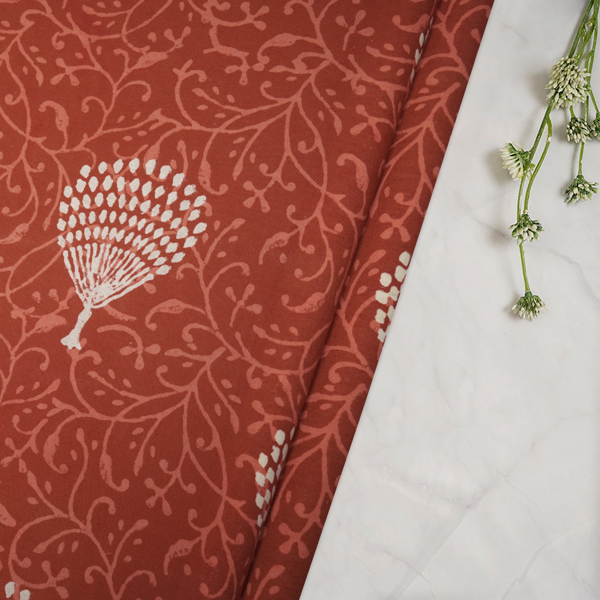 (Pre-Cut 1.00Mtr)Red Color Handcrafted Block Printed Cotton Fabric