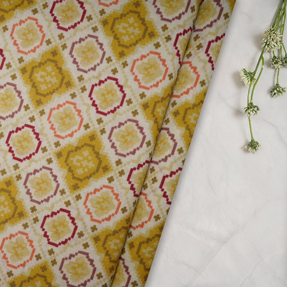 (Pre-Cut 2.00Mtr)Yellow Color Digital Print Pure Chanderi Fabric