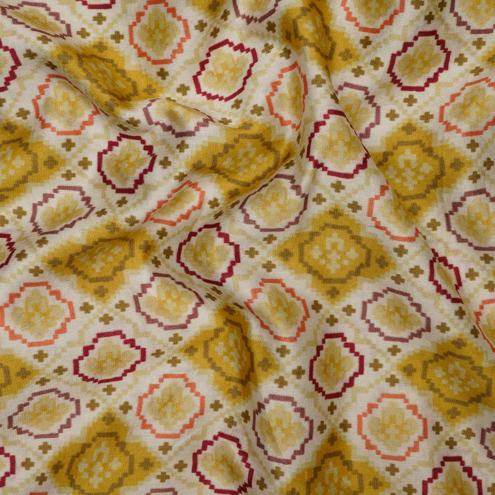 (Pre-Cut 2.00Mtr)Yellow Color Digital Print Pure Chanderi Fabric