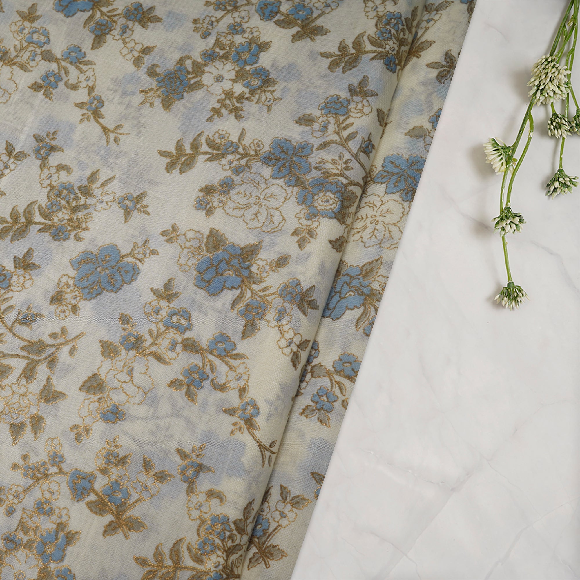 (Pre-Cut 1.80 Mtr)Off White Floral Pattern Digital Print Tusser Chanderi Fabric