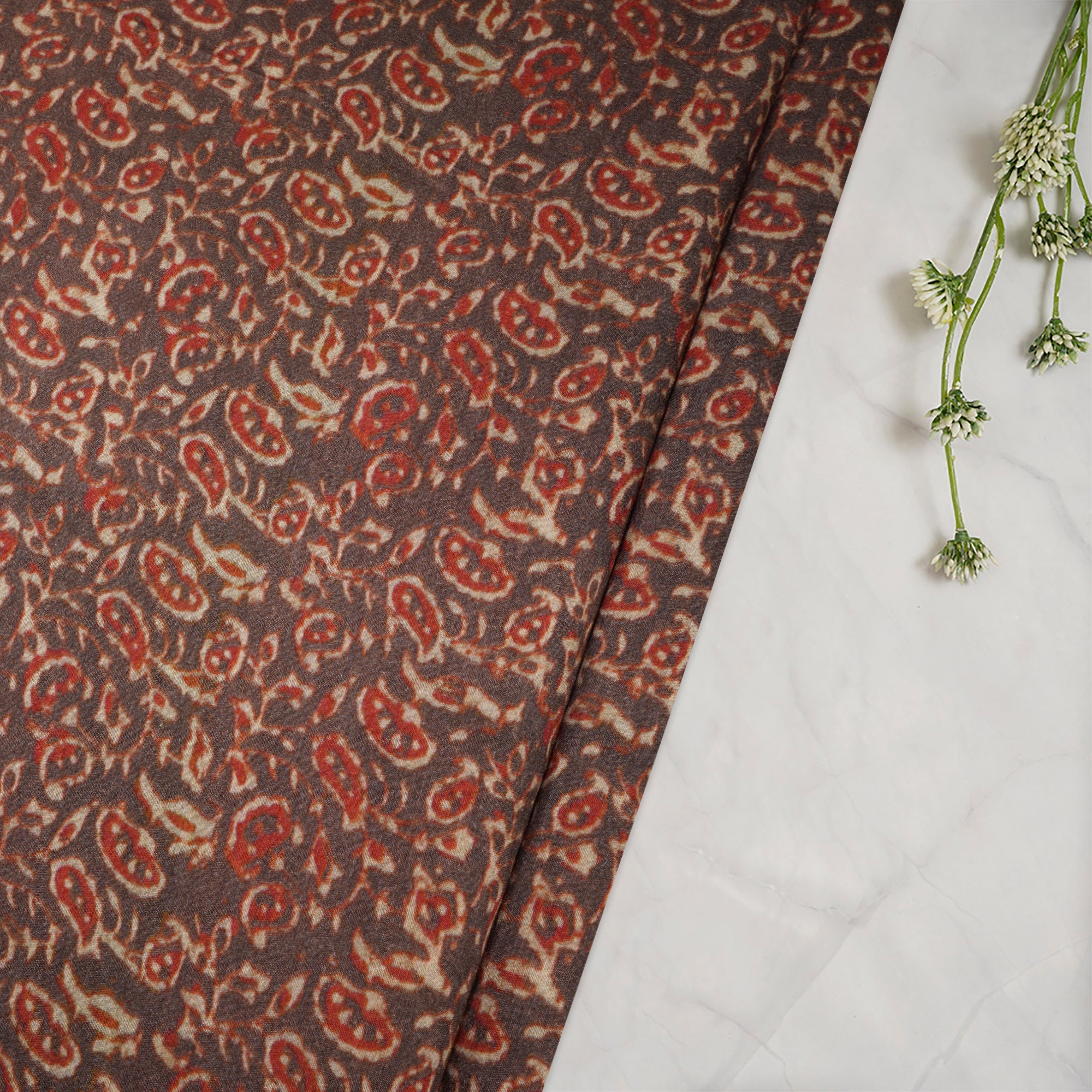 (Pre-Cut 2.30 Mtr)Brown Color Digital Print Muga Georgette Fabric
