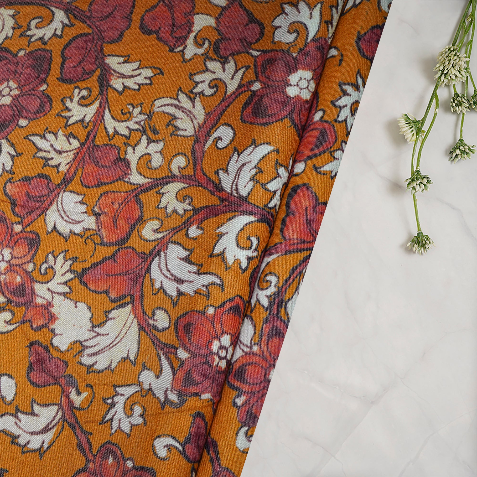 (Pre-Cut 1.20 Mtr)Mustard Floral Pattern Digital Print Chanderi Fabric