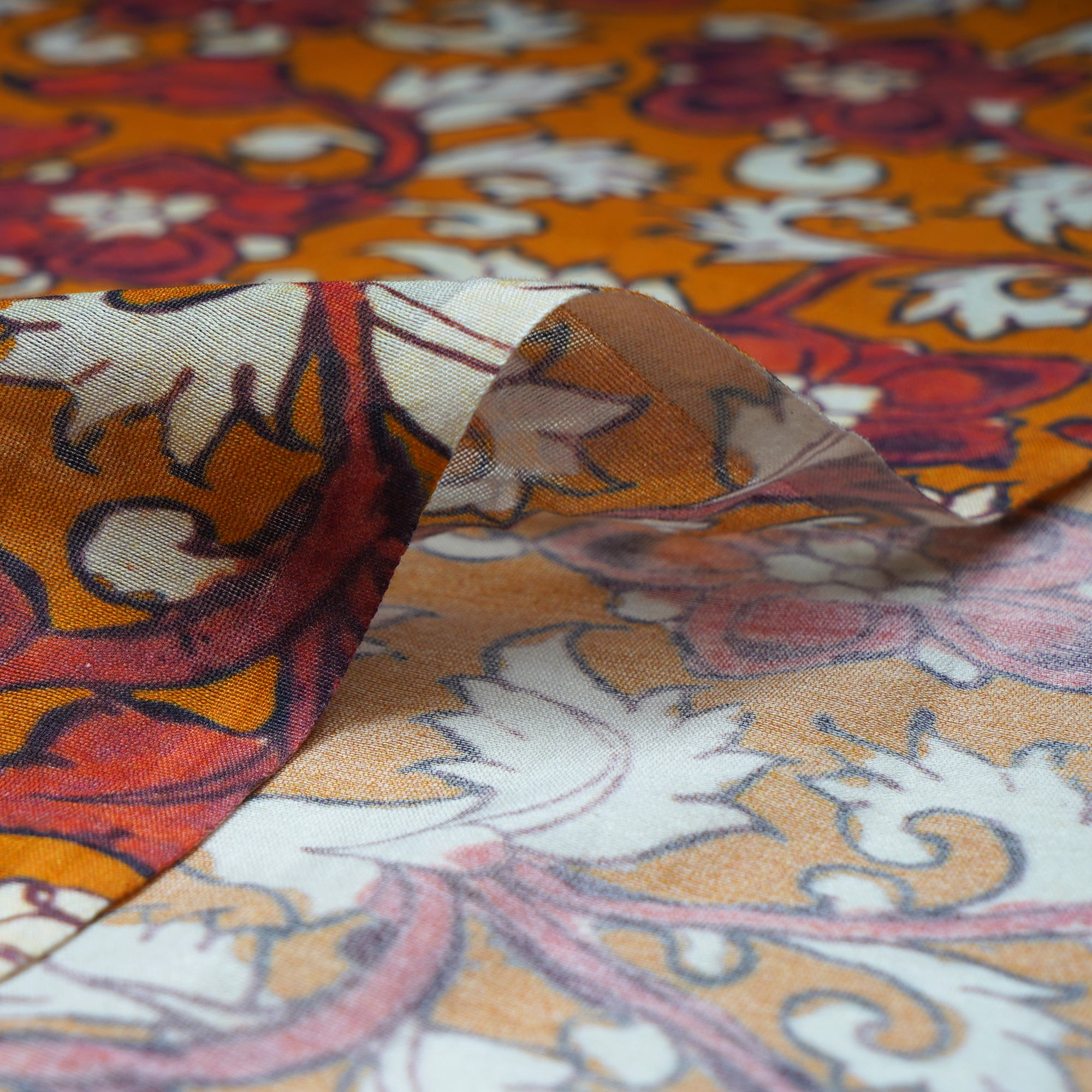 (Pre-Cut 1.20 Mtr)Mustard Floral Pattern Digital Print Chanderi Fabric
