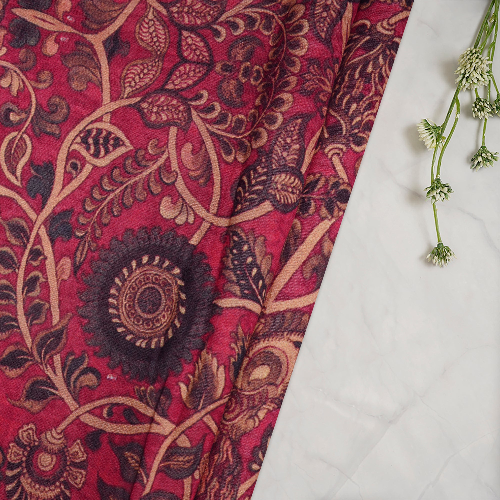 (Pre-Cut 0.90 Mtr)Rani Pink Floral Pattern Digital Print Chanderi Fabric