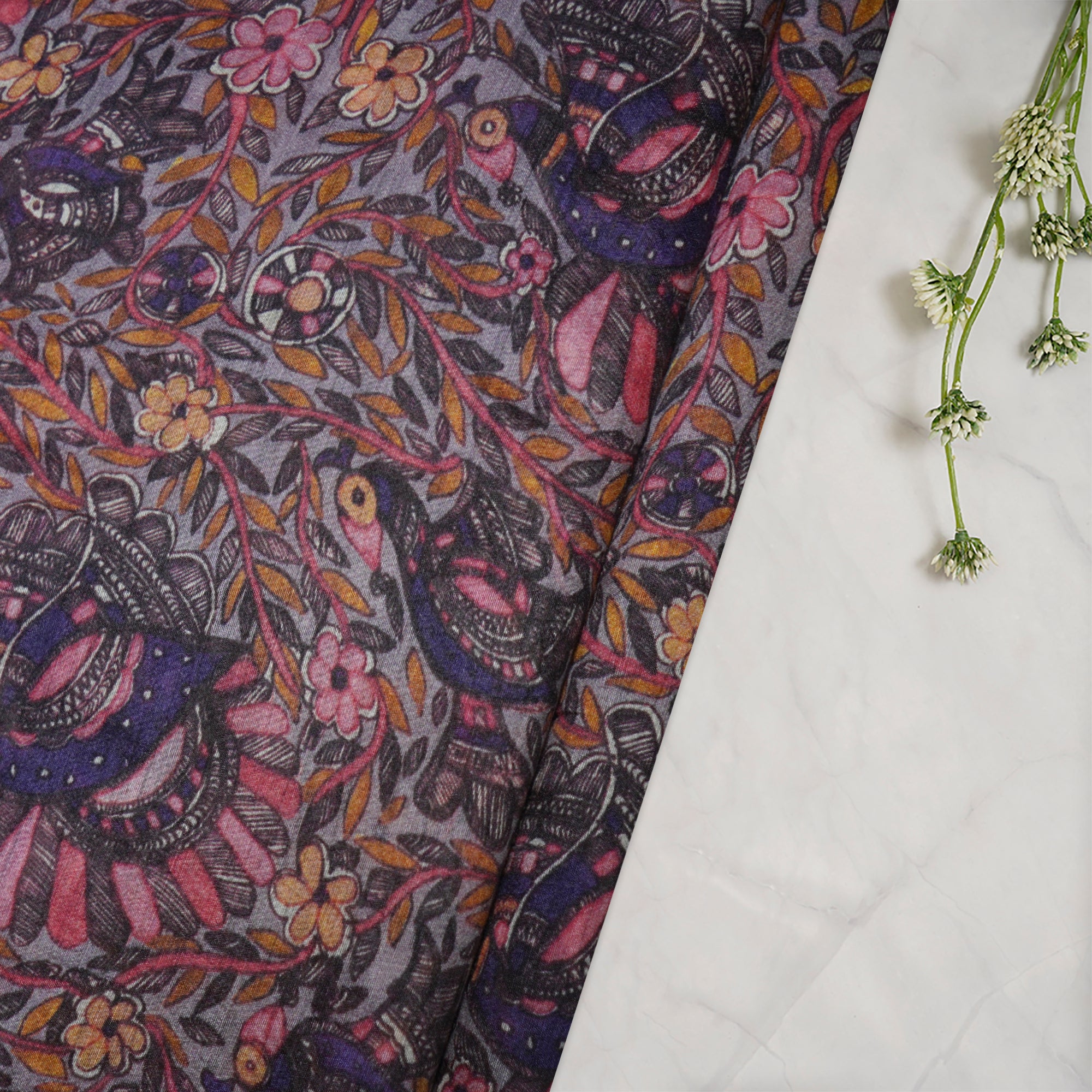 (Pre-Cut 1.30 Mtr)Multi Color Digital Print Madhubani Pattern Tussar Silk Fabric