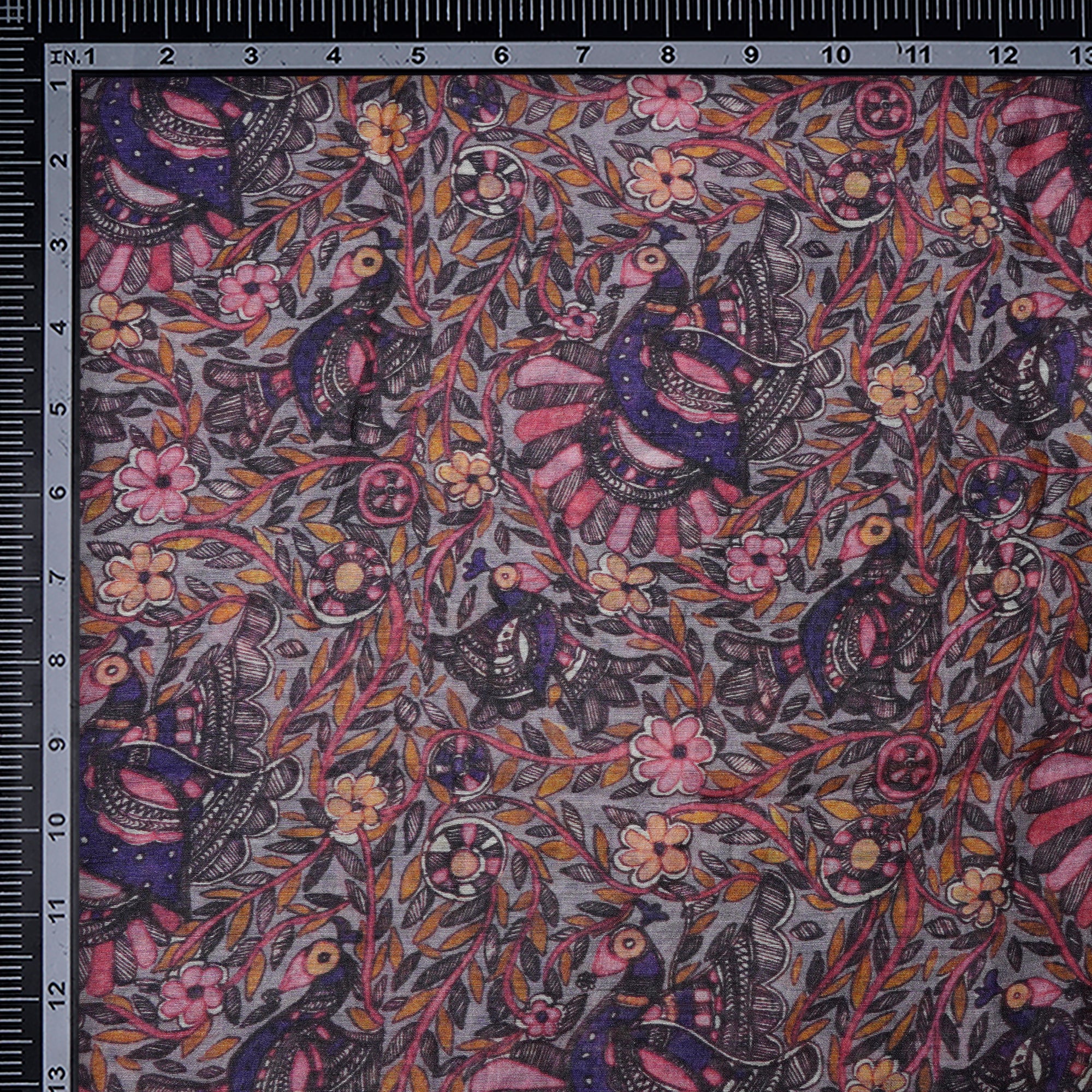 (Pre-Cut 1.30 Mtr)Multi Color Digital Print Madhubani Pattern Tussar Silk Fabric