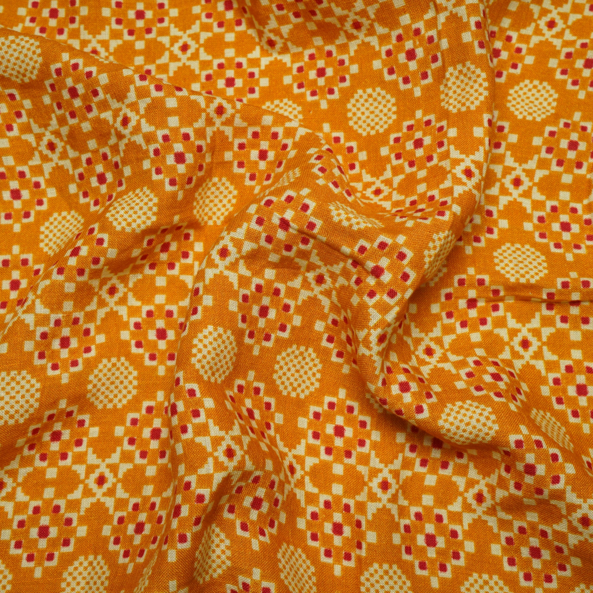(Pre-Cut 0.90 Mtr)Mustard Color Digital Print Linen Fabric