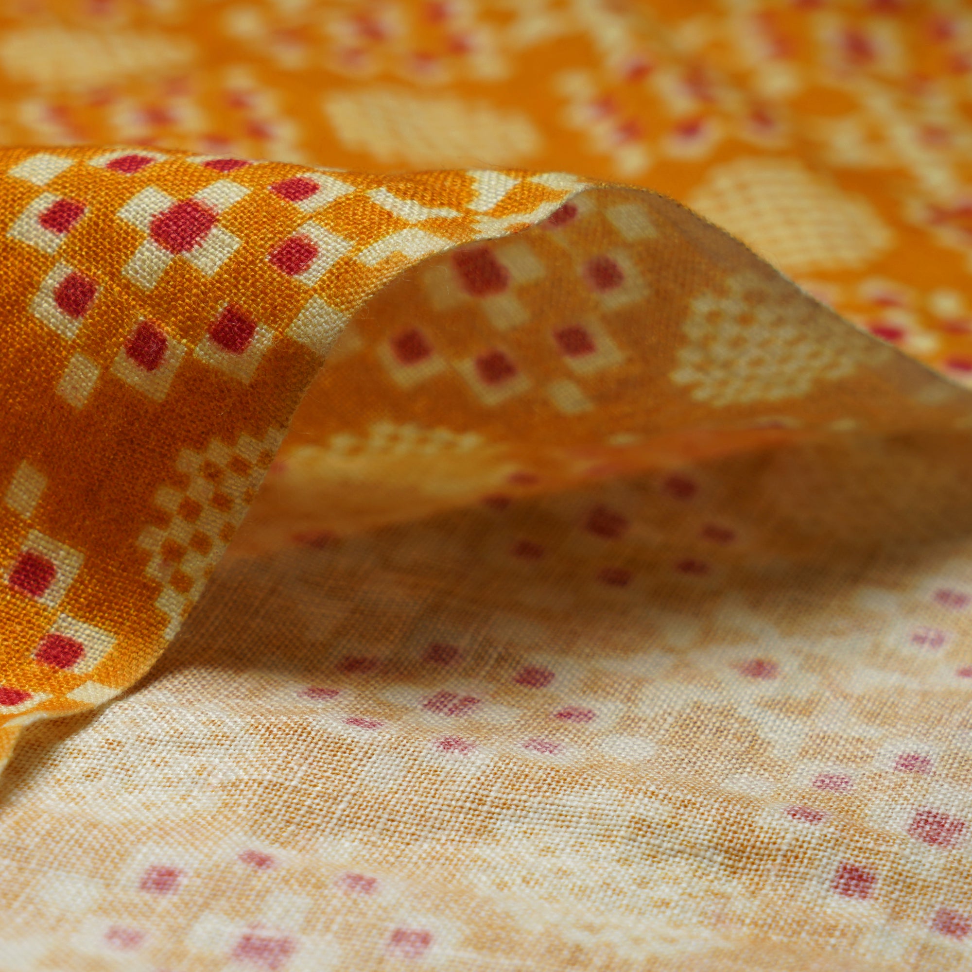 (Pre-Cut 0.90 Mtr)Mustard Color Digital Print Linen Fabric
