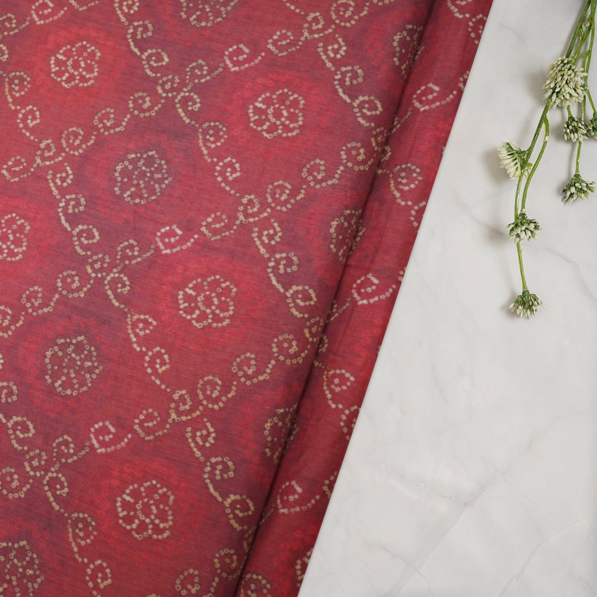 (Pre-Cut 2.30 Mtr)Red Bandhani Pattern Digital Print Voile Fabric