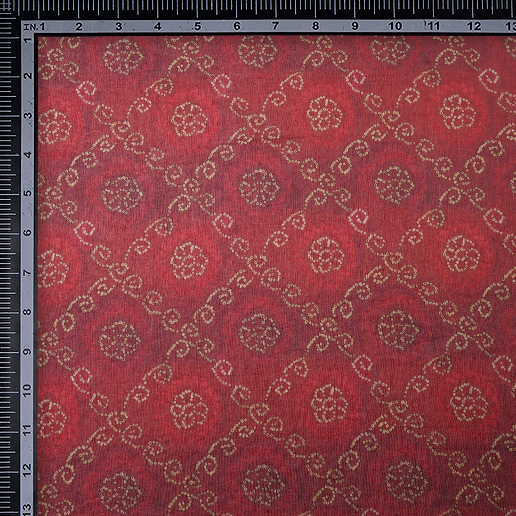 (Pre-Cut 2.30 Mtr)Red Bandhani Pattern Digital Print Voile Fabric