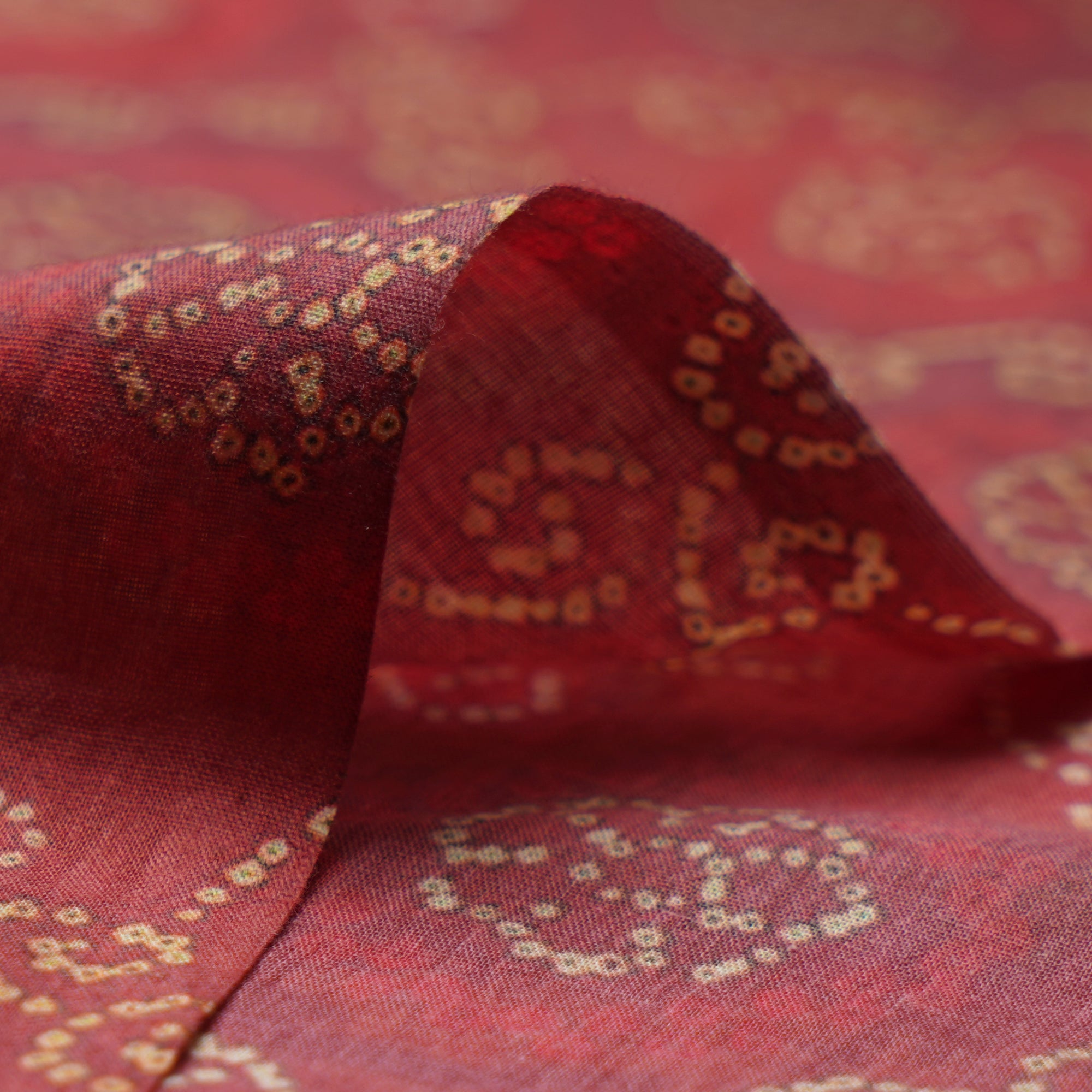 (Pre-Cut 2.30 Mtr)Red Bandhani Pattern Digital Print Voile Fabric