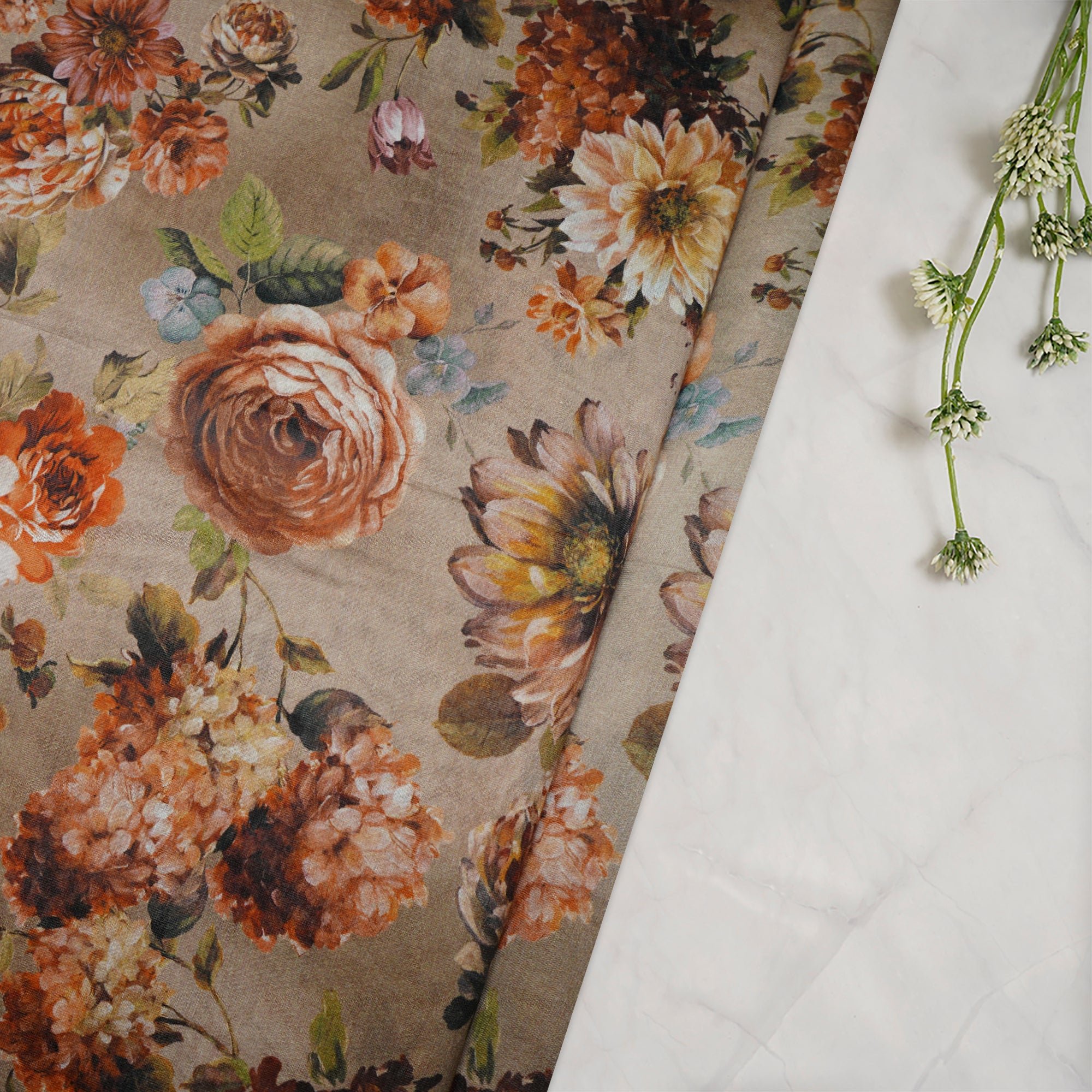(Pre-Cut 4.60 Mtr)Beige Floal Pattern Digital Print Chanderi Fbaric