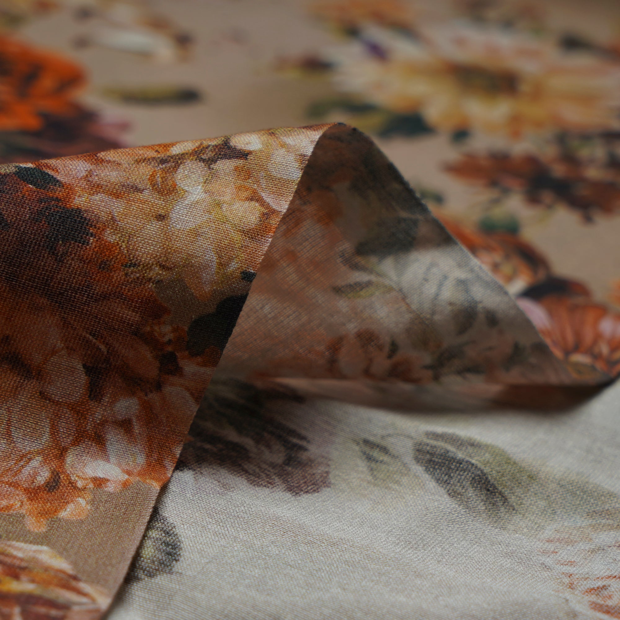 (Pre-Cut 4.60 Mtr)Beige Floal Pattern Digital Print Chanderi Fbaric