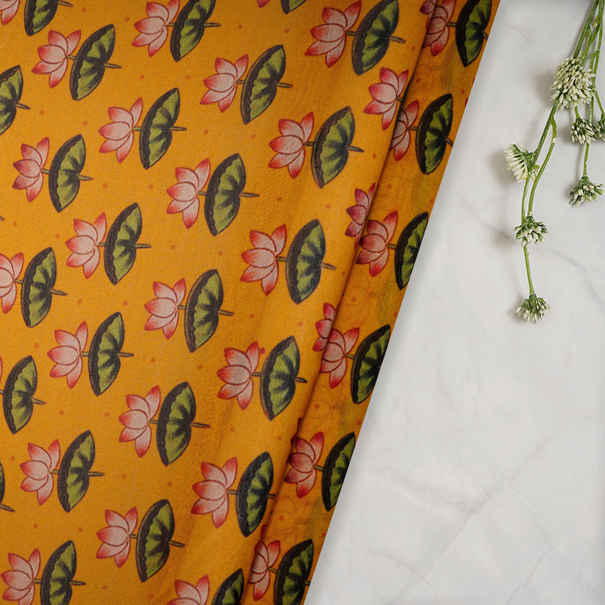 (Pre-Cut 1.00 Mtr)Mustard Motif Flower Pattern Digital Print Chanderi Fabric