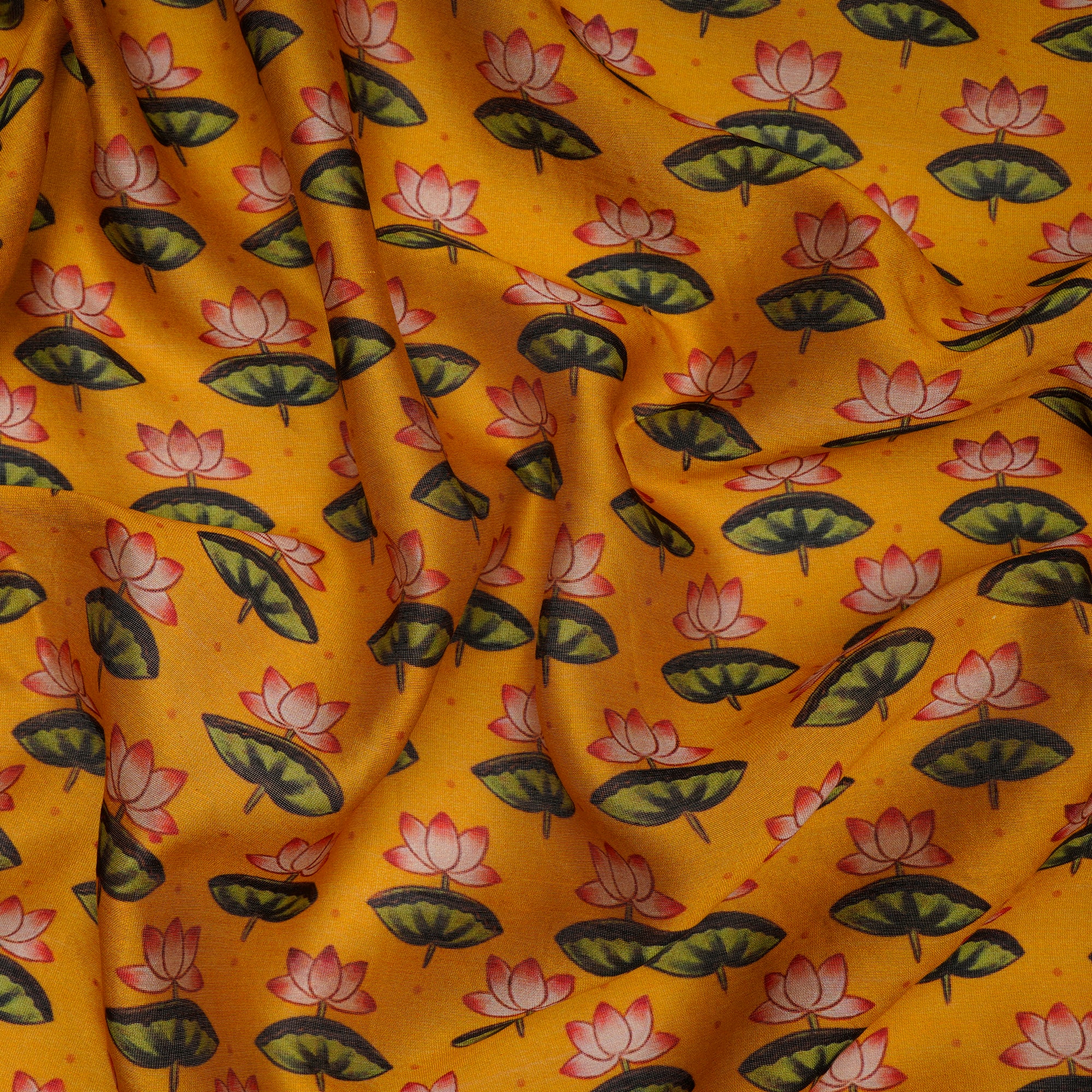 (Pre-Cut 1.00 Mtr)Mustard Motif Flower Pattern Digital Print Chanderi Fabric