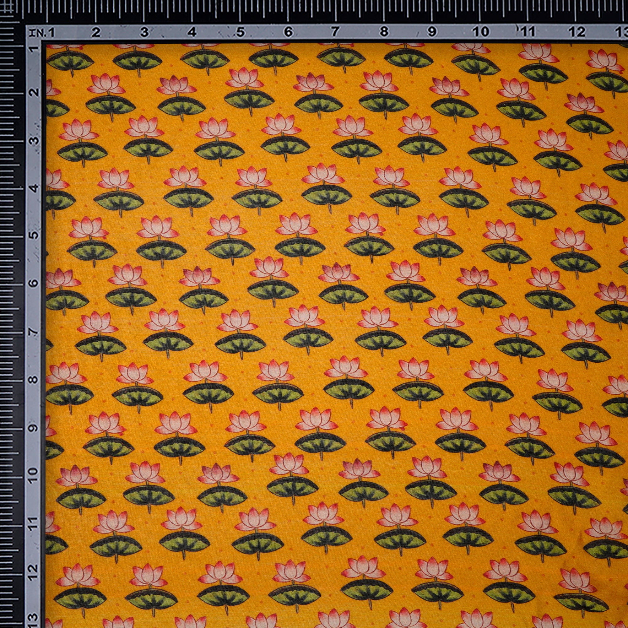 (Pre-Cut 1.00 Mtr)Mustard Motif Flower Pattern Digital Print Chanderi Fabric