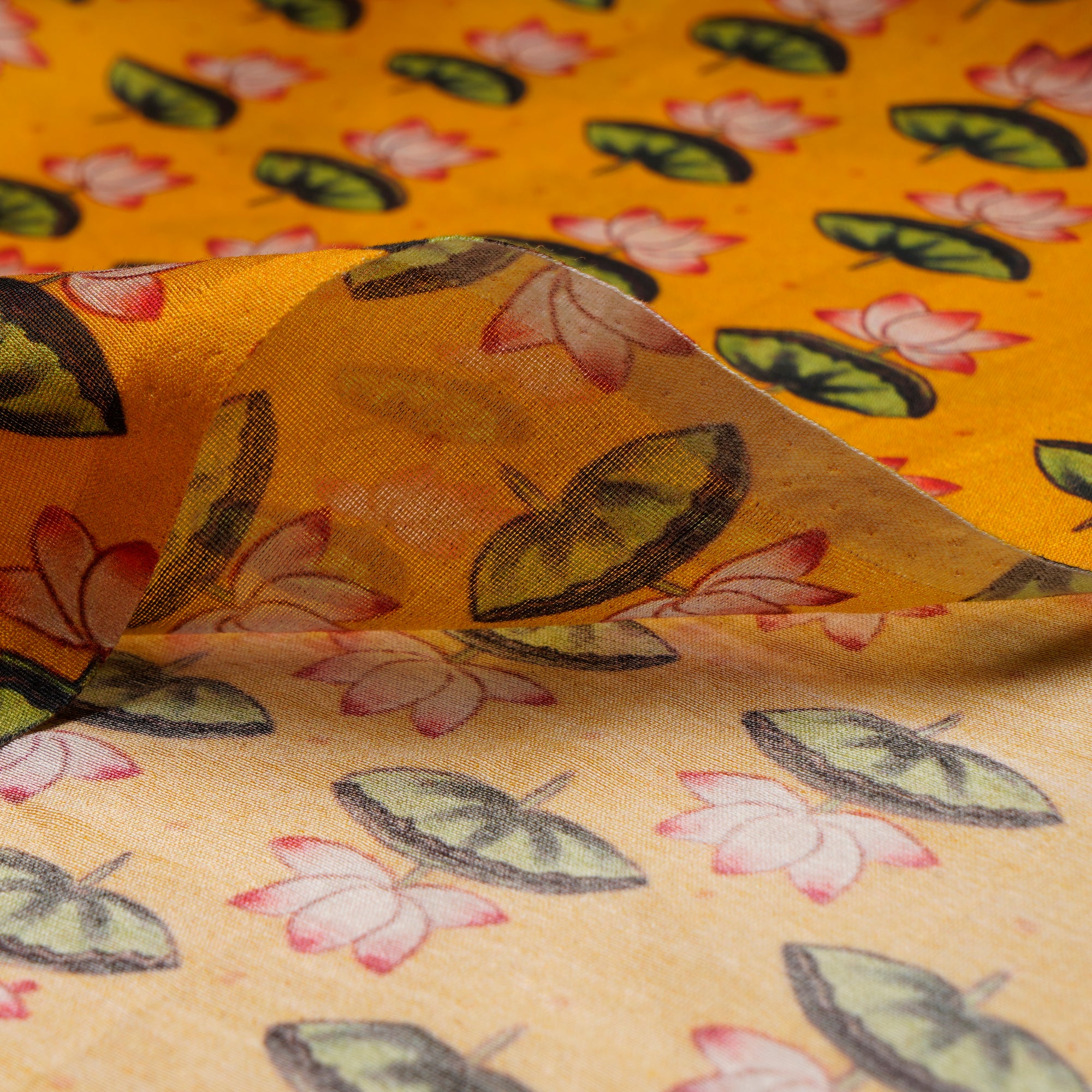 (Pre-Cut 1.00 Mtr)Mustard Motif Flower Pattern Digital Print Chanderi Fabric