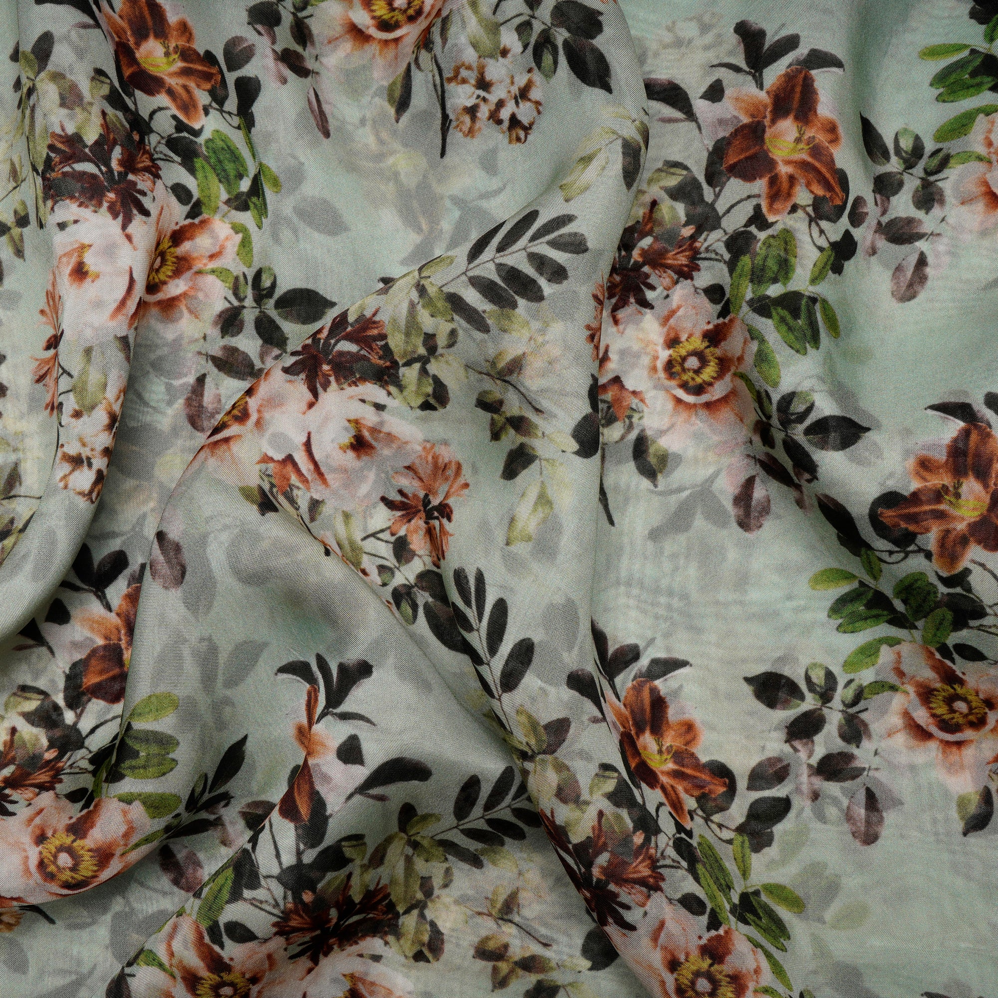 (Pre-Cut 1.50 Mtr)Mint Green Floral Pattern Digital Print Viscose Organza Fabric