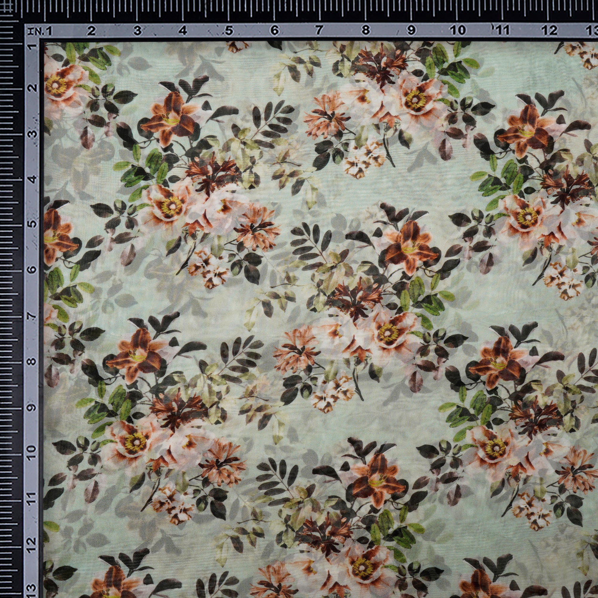 (Pre-Cut 1.50 Mtr)Mint Green Floral Pattern Digital Print Viscose Organza Fabric