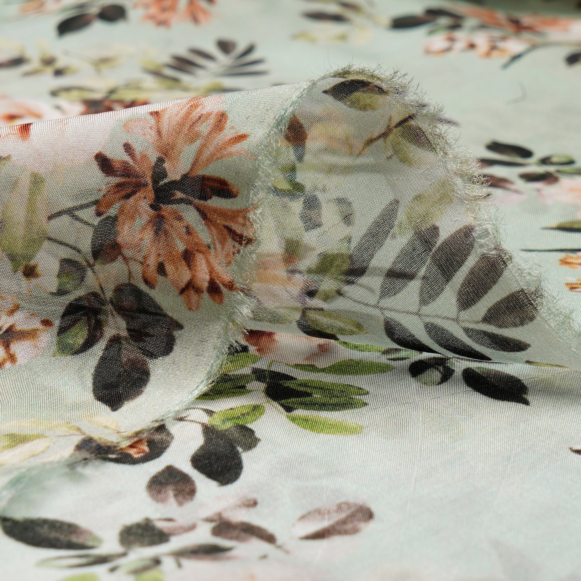 (Pre-Cut 1.50 Mtr)Mint Green Floral Pattern Digital Print Viscose Organza Fabric