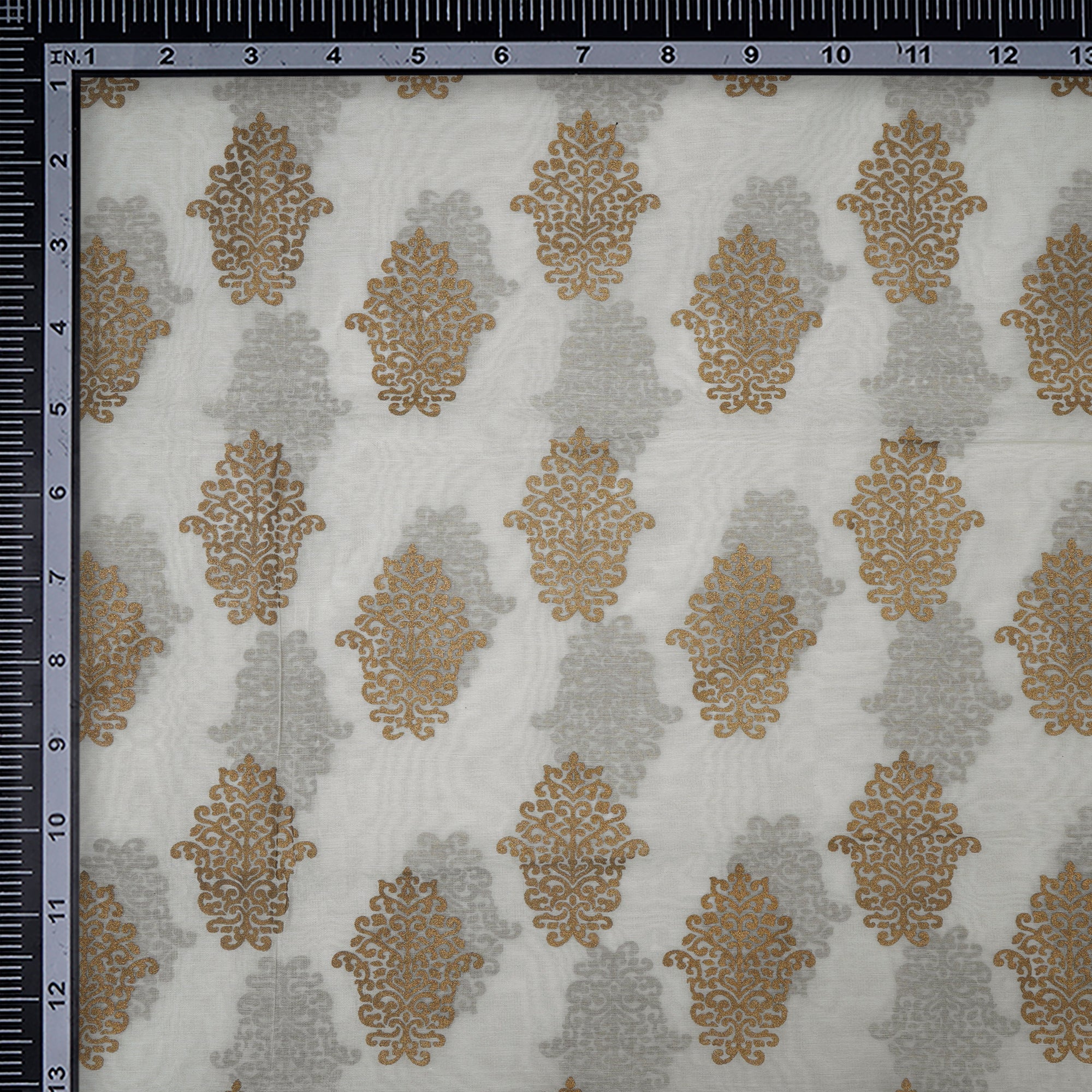 (Pre-Cut 2.70 Mtr)Off White-Golden Color Digital Print Fine Chanderi Fabric