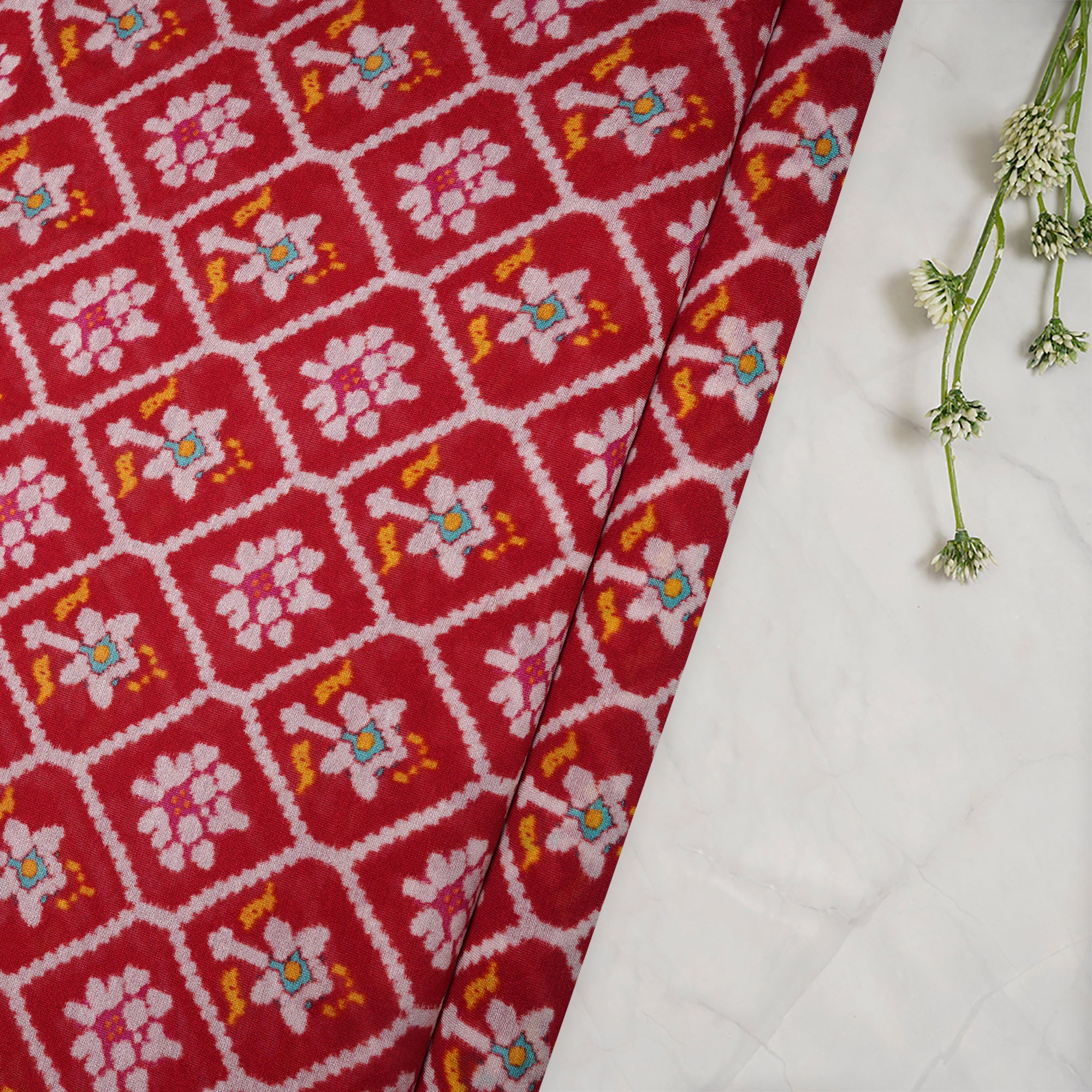 (Pre-Cut 1.60 Mtr)Red Patola Pattern Digital Print Chanderi Fabric