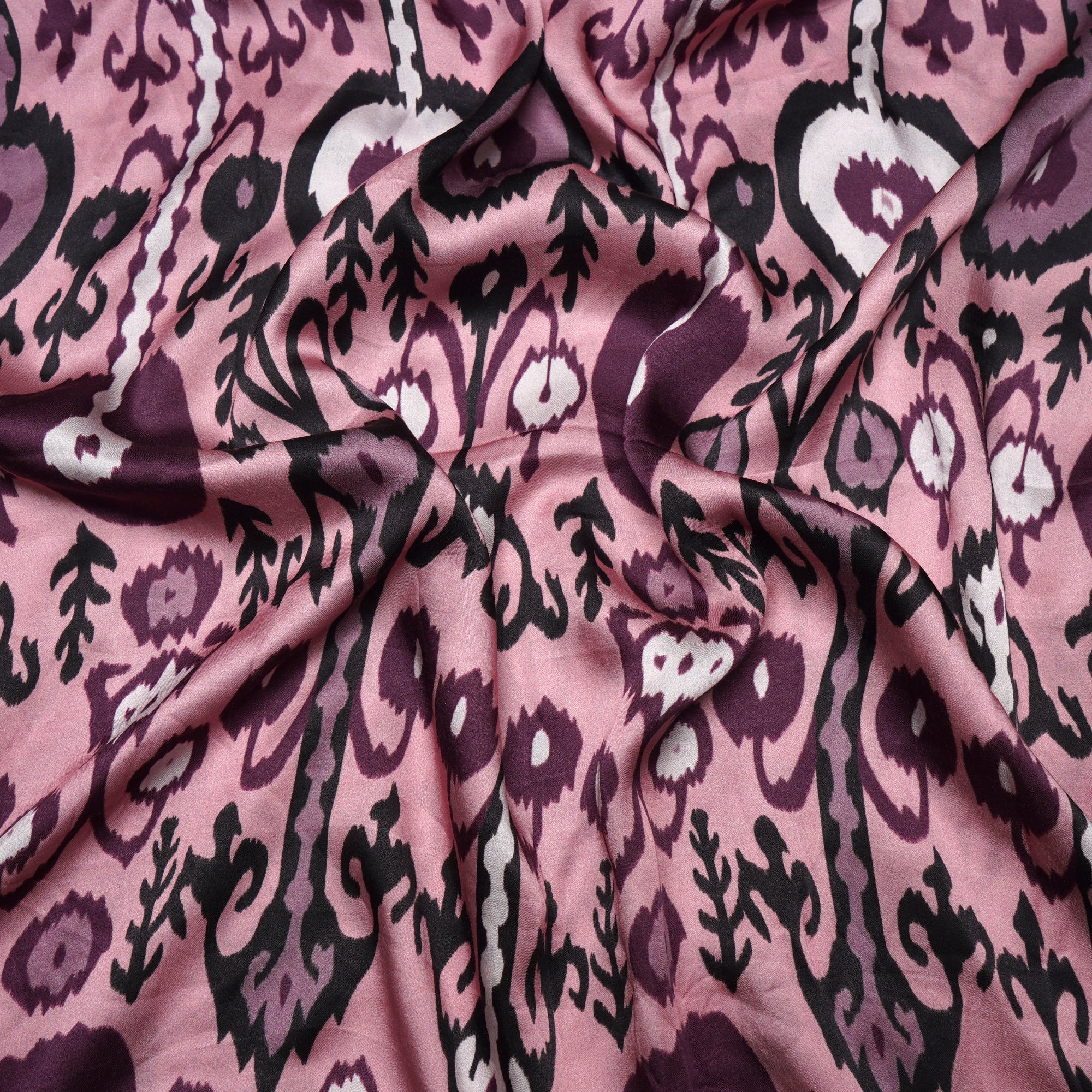 (Pre-Cut 2.00 Mtr)Light Pink Ikat Pattern Digital Print Modal Satin Fabric