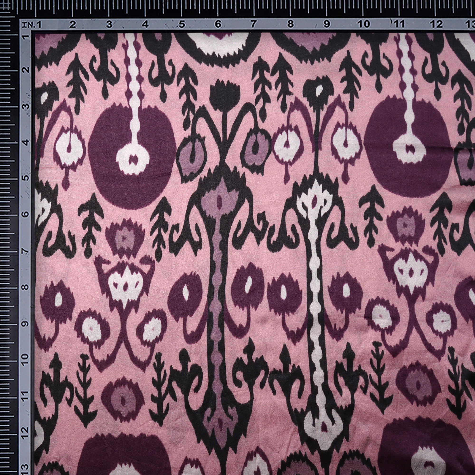 (Pre-Cut 2.00 Mtr)Light Pink Ikat Pattern Digital Print Modal Satin Fabric