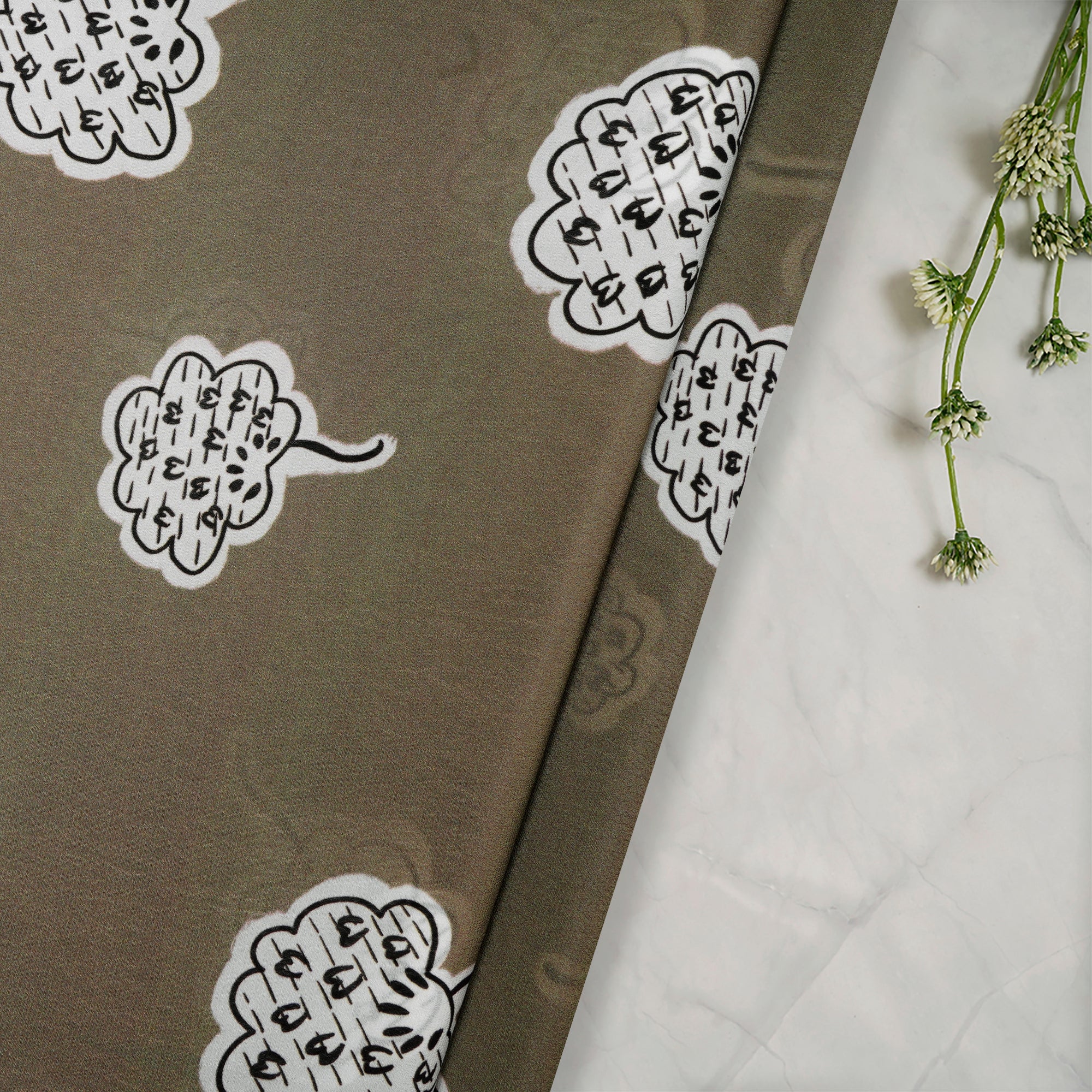 (Pre-Cut 2.60 Mtr)Olive Motif Pattern Digital Print Bemberg Crepe Fabric