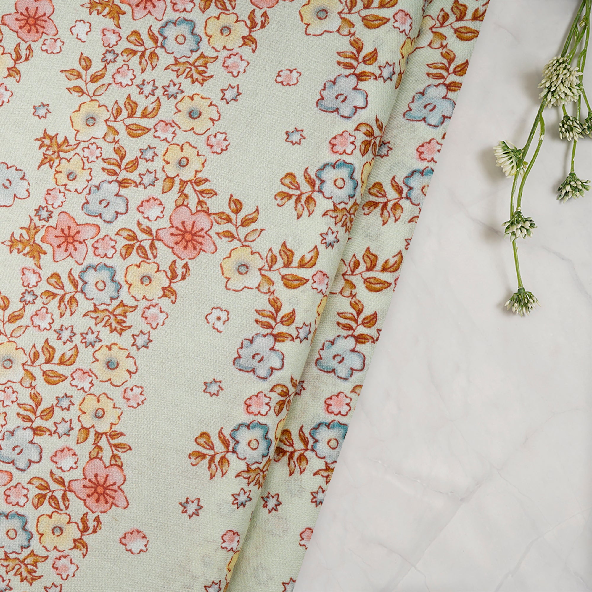 (Pre-Cut 2.50 Mtr)Mint Green Floral Pattern Digital Print Cambric Fabric