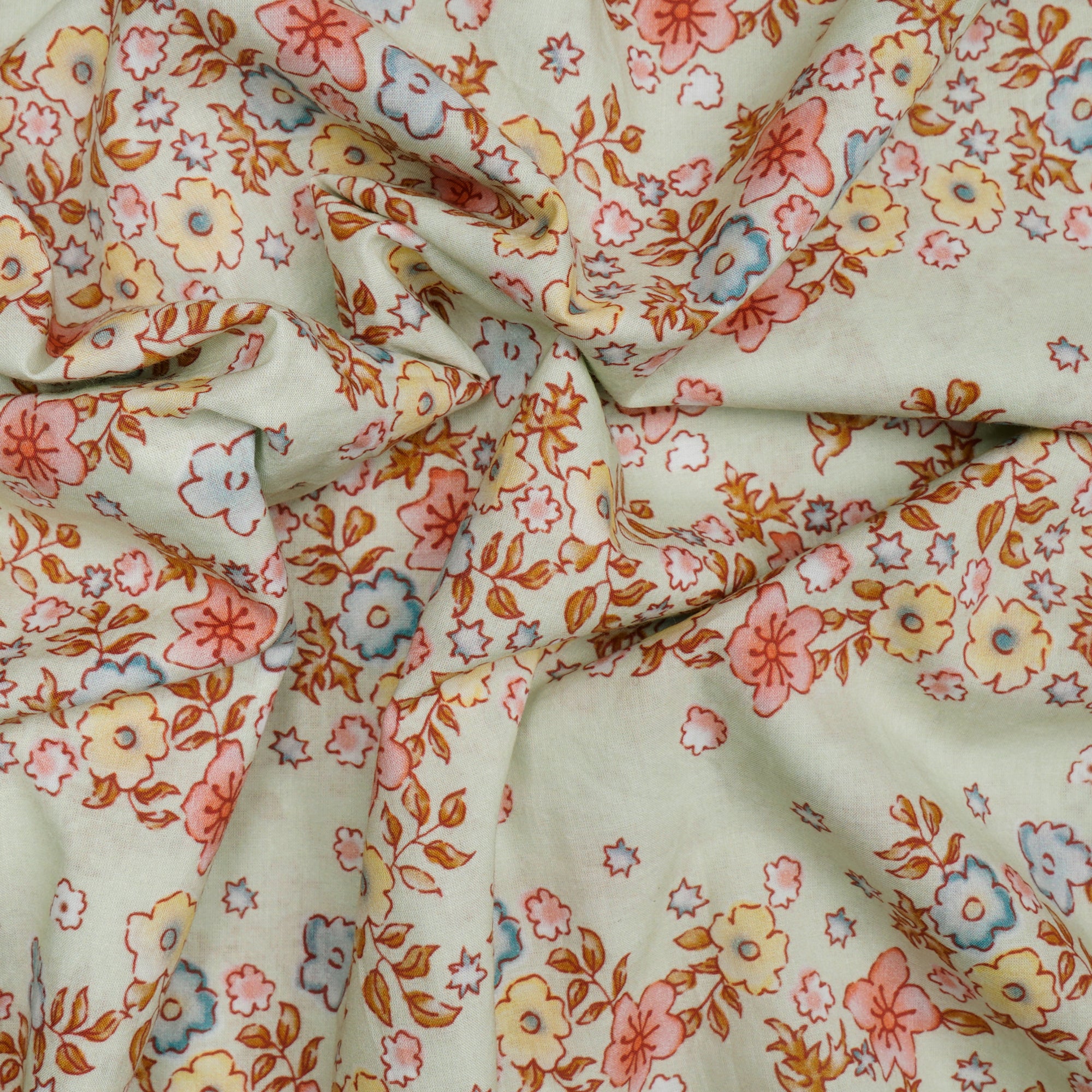 (Pre-Cut 2.50 Mtr)Mint Green Floral Pattern Digital Print Cambric Fabric
