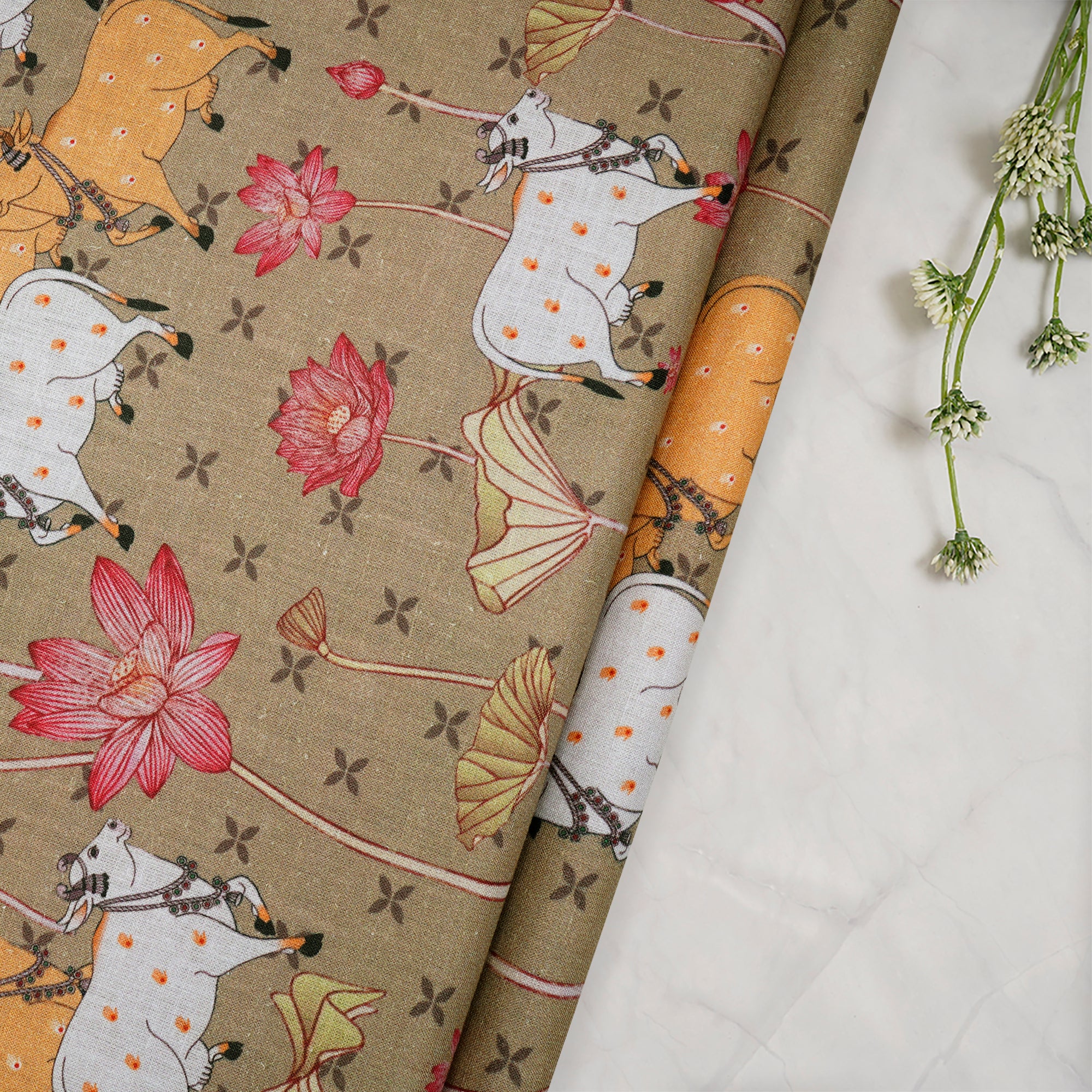 (Pre-Cut 1.00 Mtr)Olive Gray Pichwai Pattern Digital Print Linen Fabric