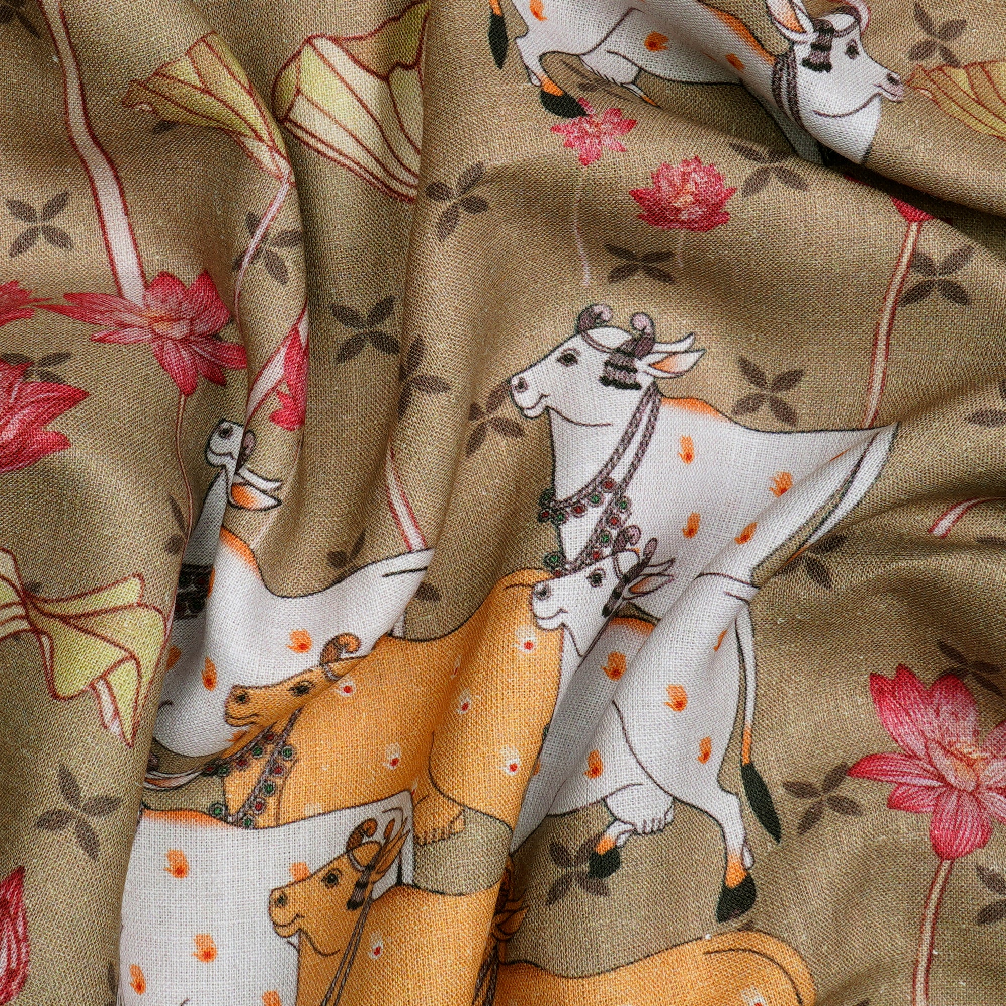 (Pre-Cut 1.00 Mtr)Olive Gray Pichwai Pattern Digital Print Linen Fabric
