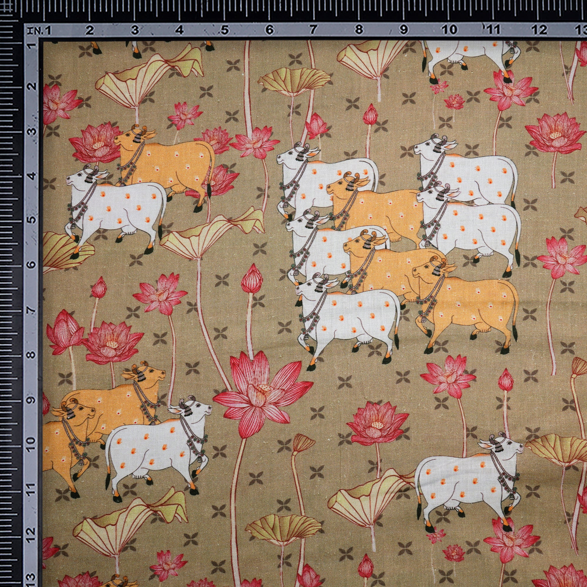 (Pre-Cut 1.00 Mtr)Olive Gray Pichwai Pattern Digital Print Linen Fabric