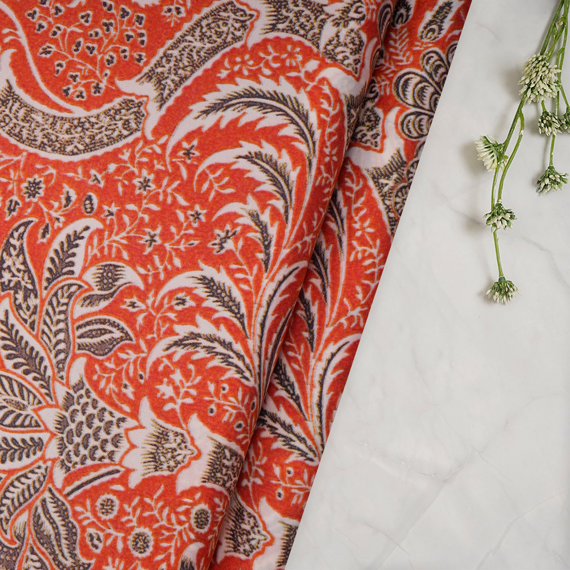 (Pre-Cut 4.30 Mtr)Off-White Floral Pattern Digital Print Bemberg Satin Fabric