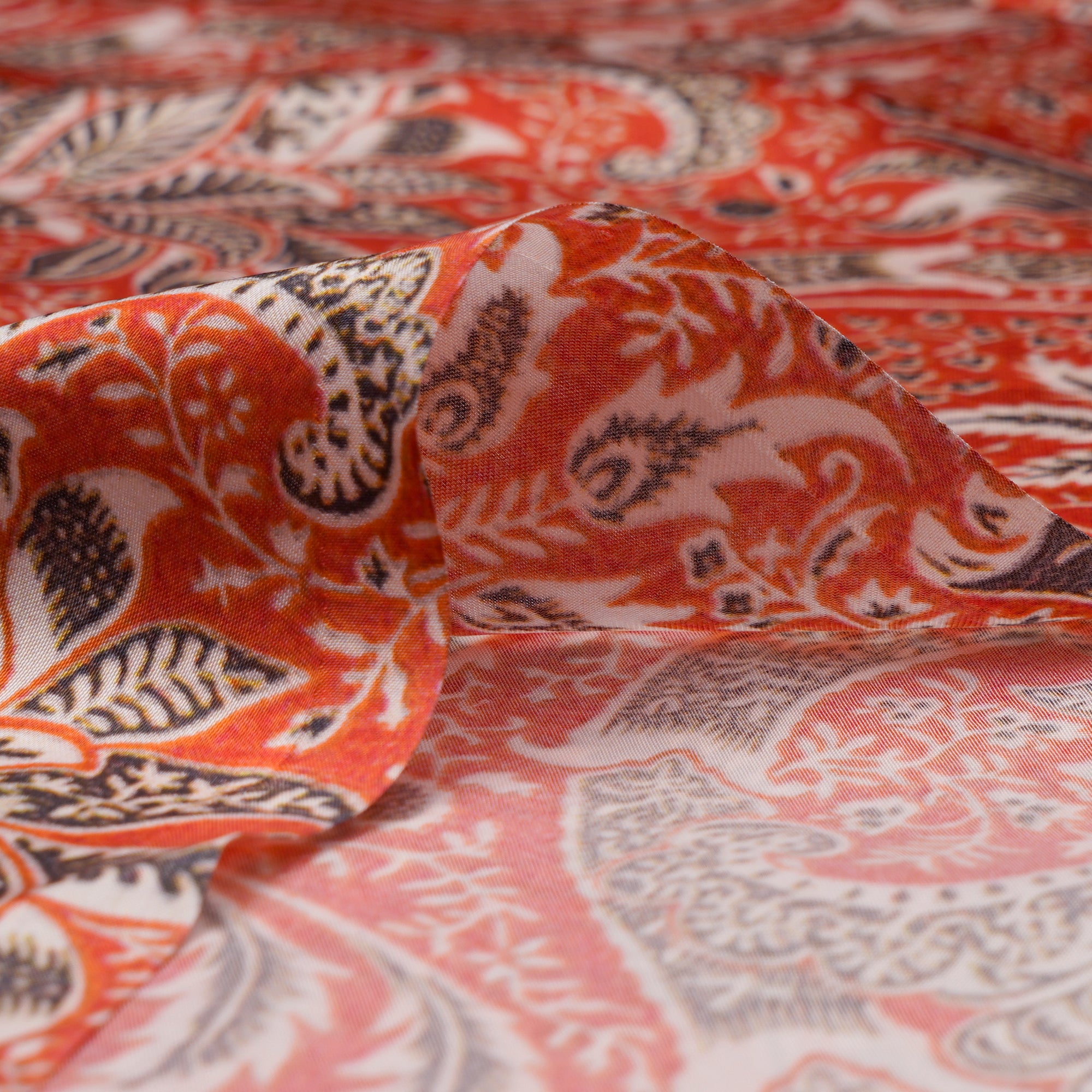 (Pre-Cut 4.30 Mtr)Off-White Floral Pattern Digital Print Bemberg Satin Fabric