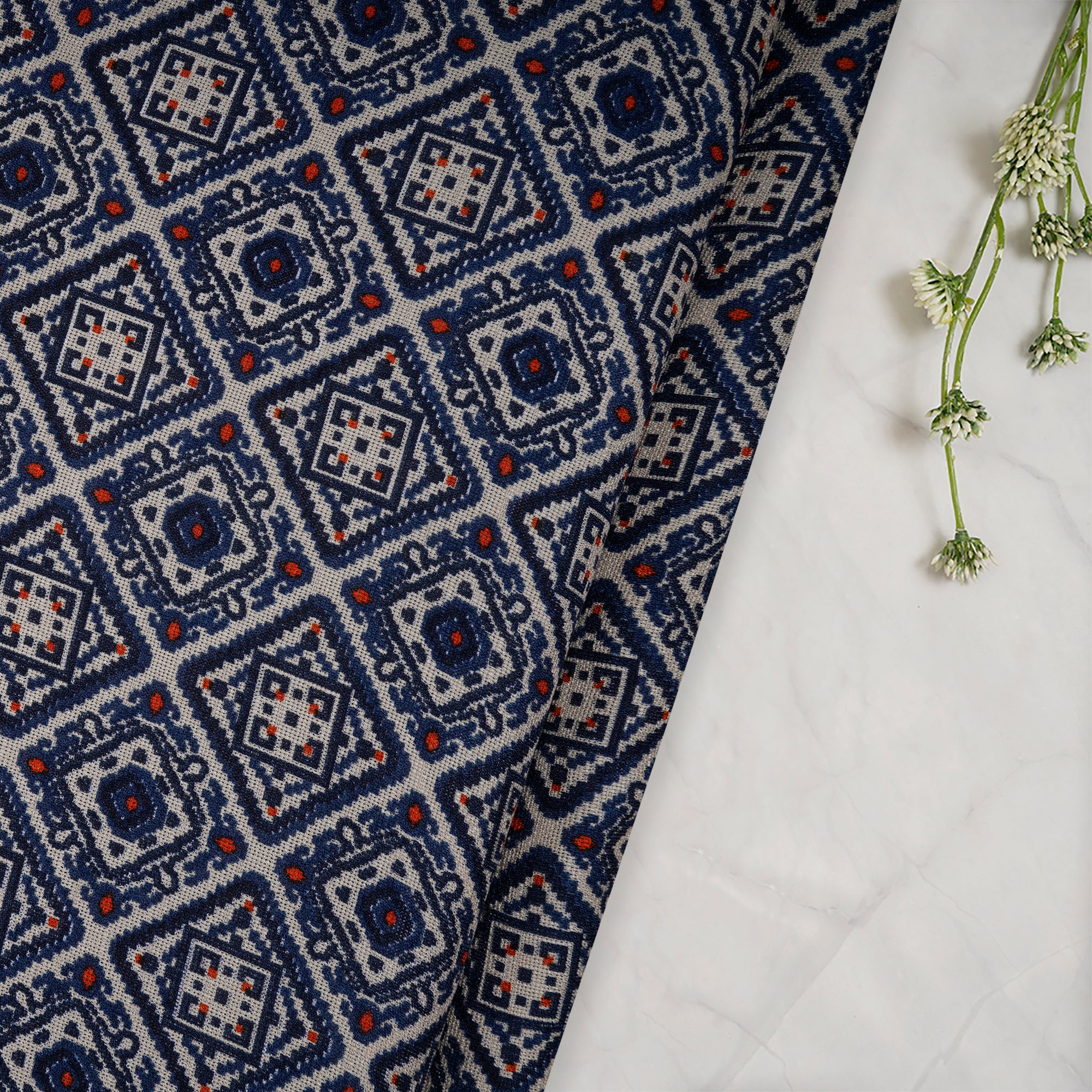 (Pre-Cut 2.50 Mtr)Dark Blue Patola Pattern Printed Polyester Fancy Jute Fabric