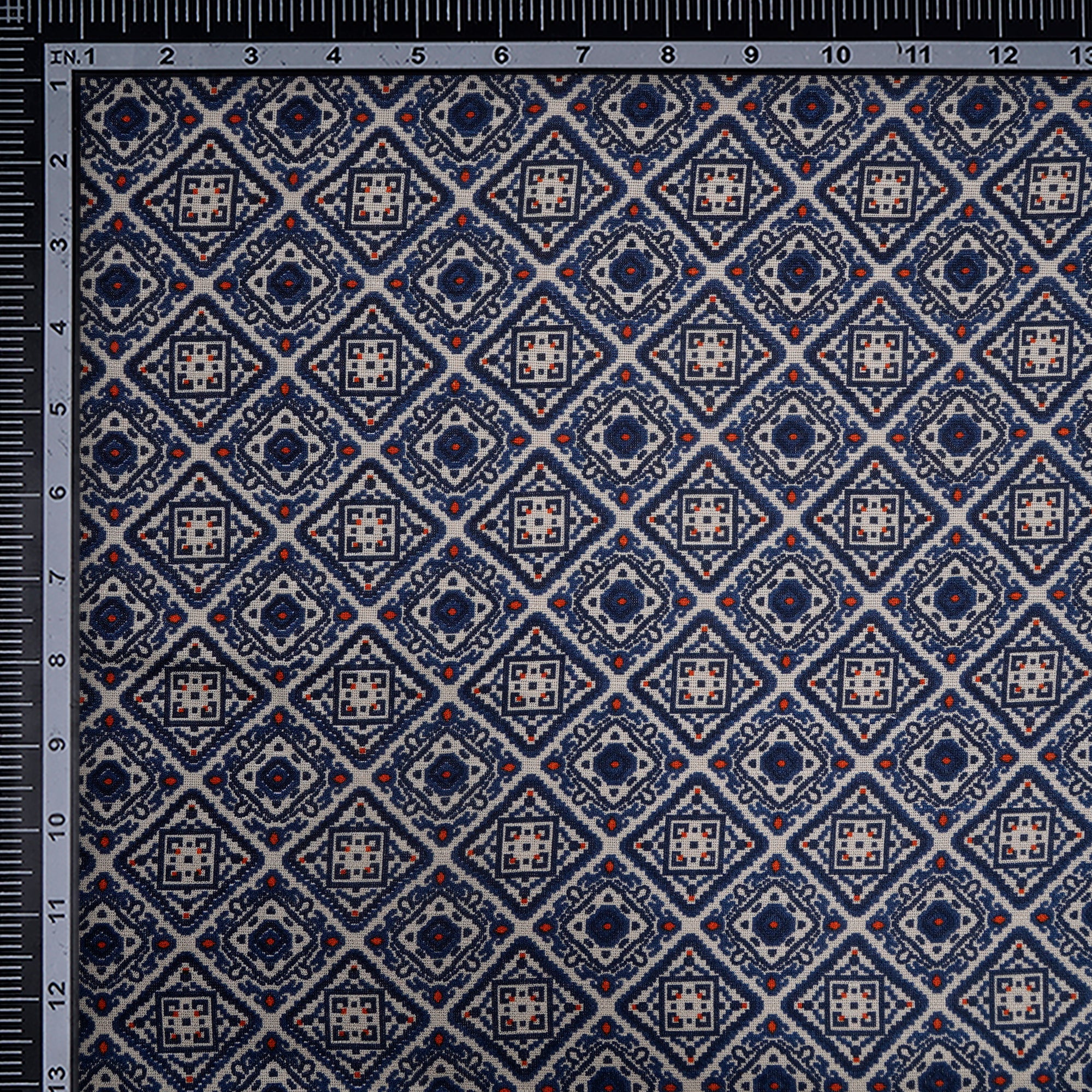 (Pre-Cut 2.50 Mtr)Dark Blue Patola Pattern Printed Polyester Fancy Jute Fabric