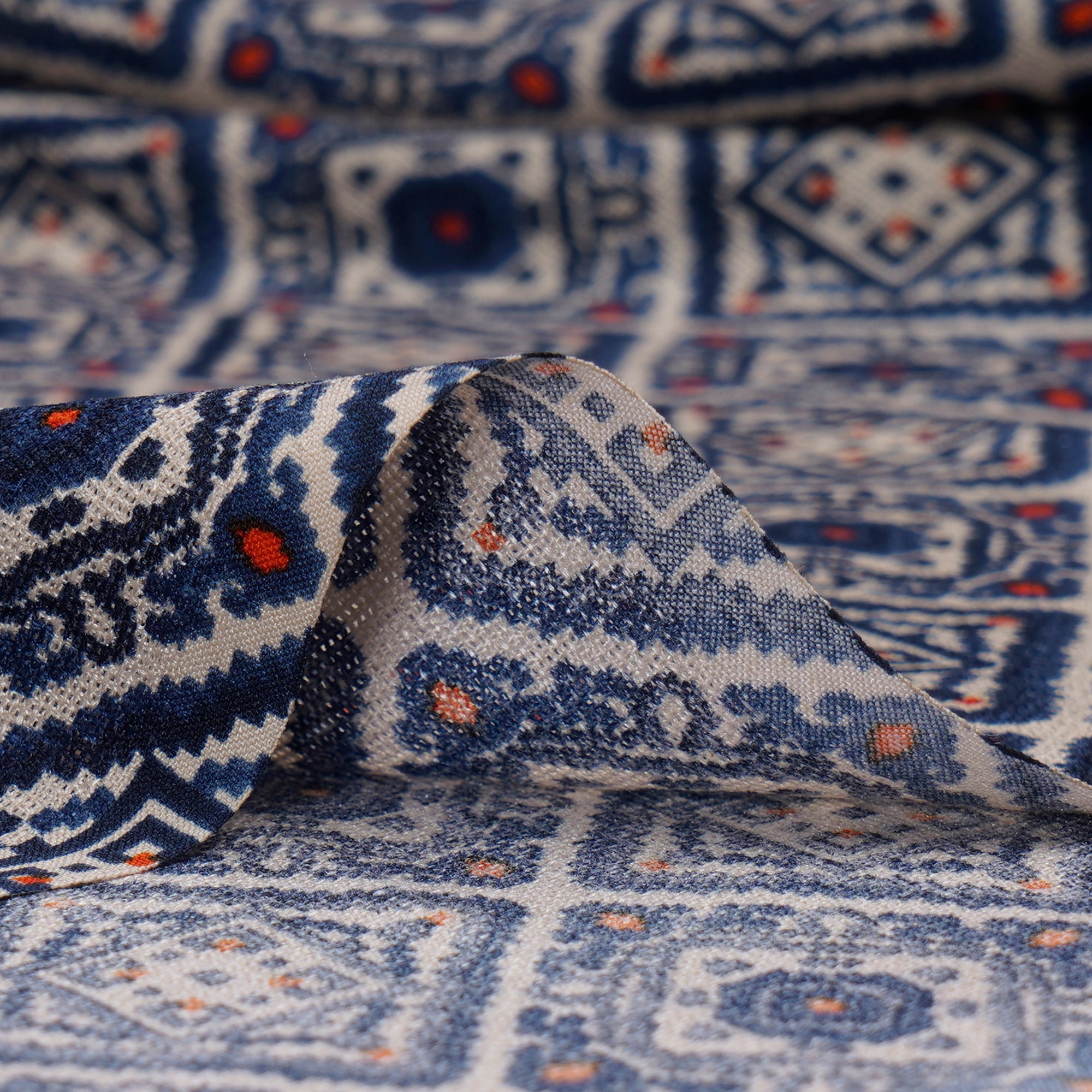 (Pre-Cut 2.50 Mtr)Dark Blue Patola Pattern Printed Polyester Fancy Jute Fabric