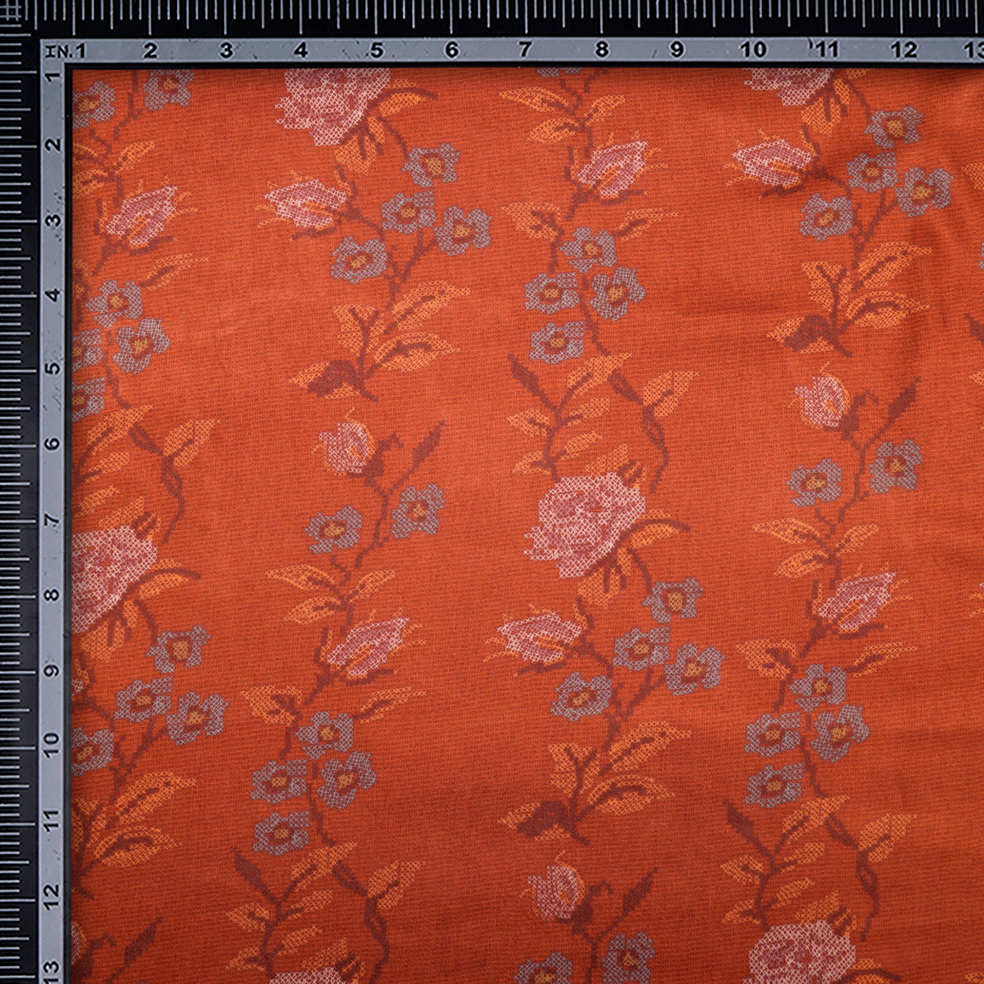 (Pre-Cut 2.50 Mtr)Dark Orange Floral Pattern Digital Print Viscose Fabric