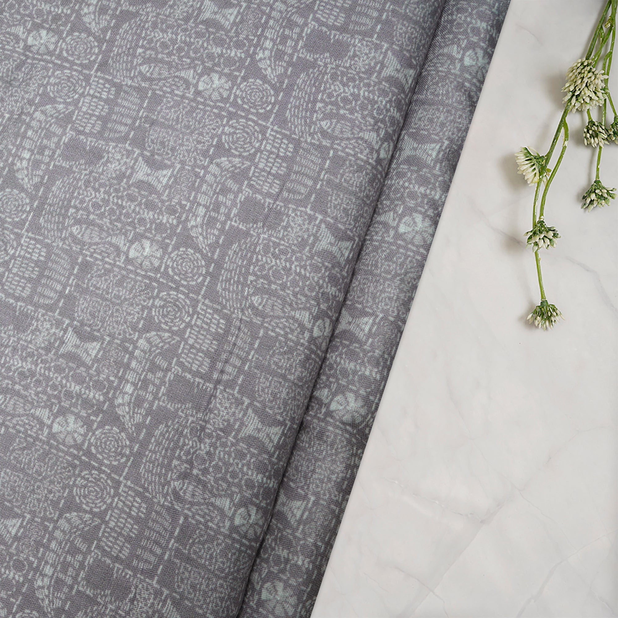 (Pre-Cut 1.60 Mtr)Grey All Over Pattern Digital Print Cotton Fabric
