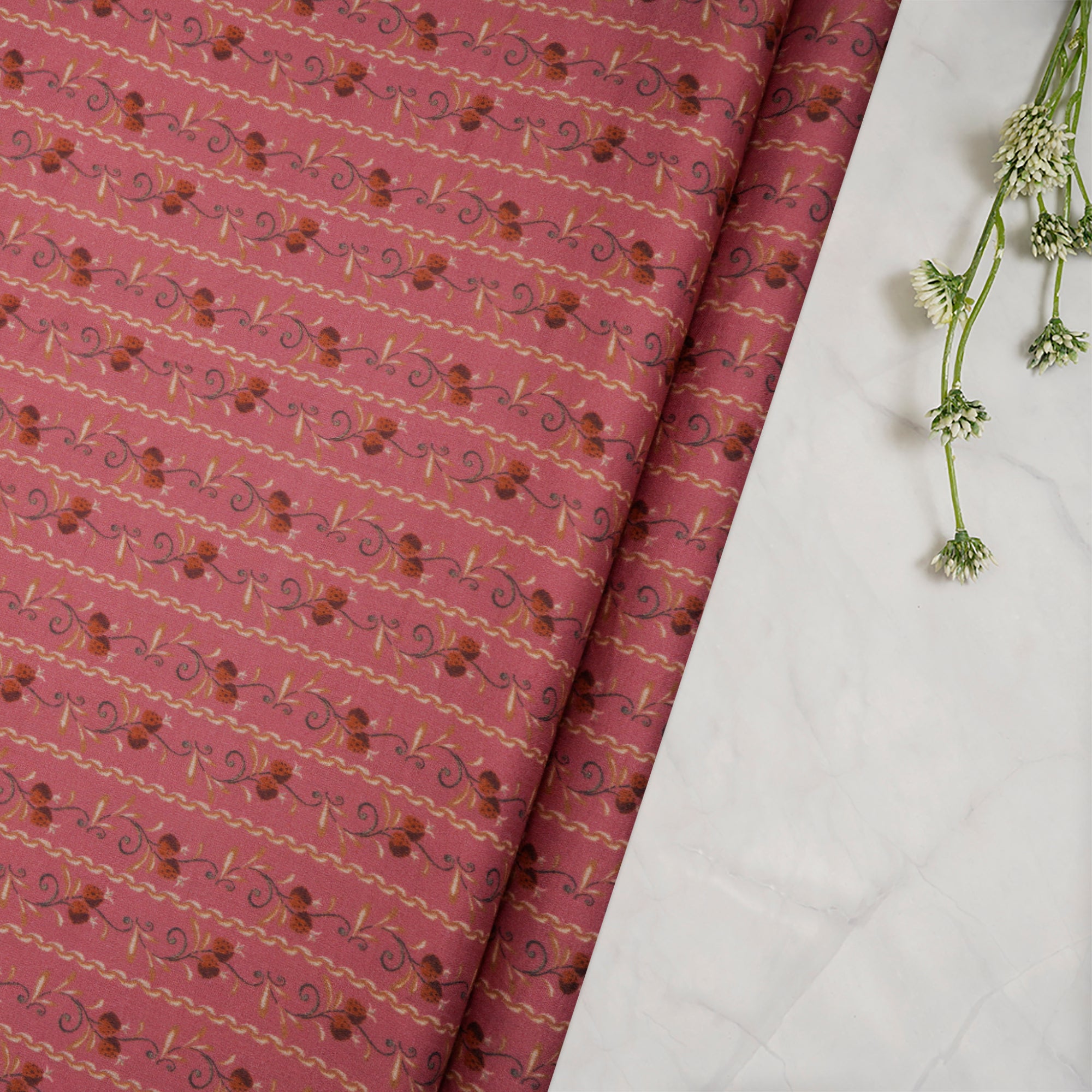 (Pre-Cut 1.00 Mtr)Peach Floral Pattern Digital Print Cotton Satin Fabric