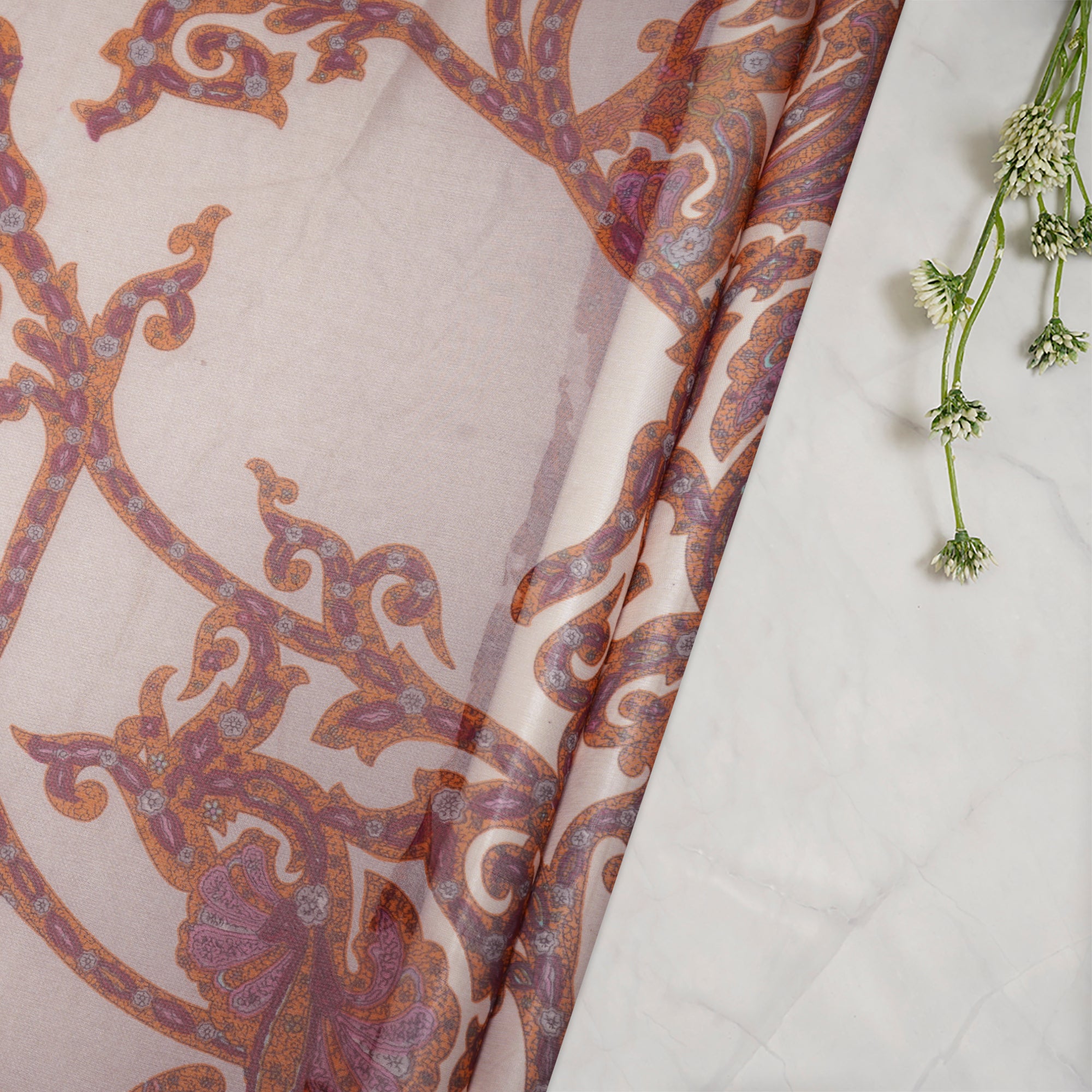 (Pre-Cut 0.80 Mtr)Multi Color Paisley Pattern Printed Flat Chiffon Silk Fabric