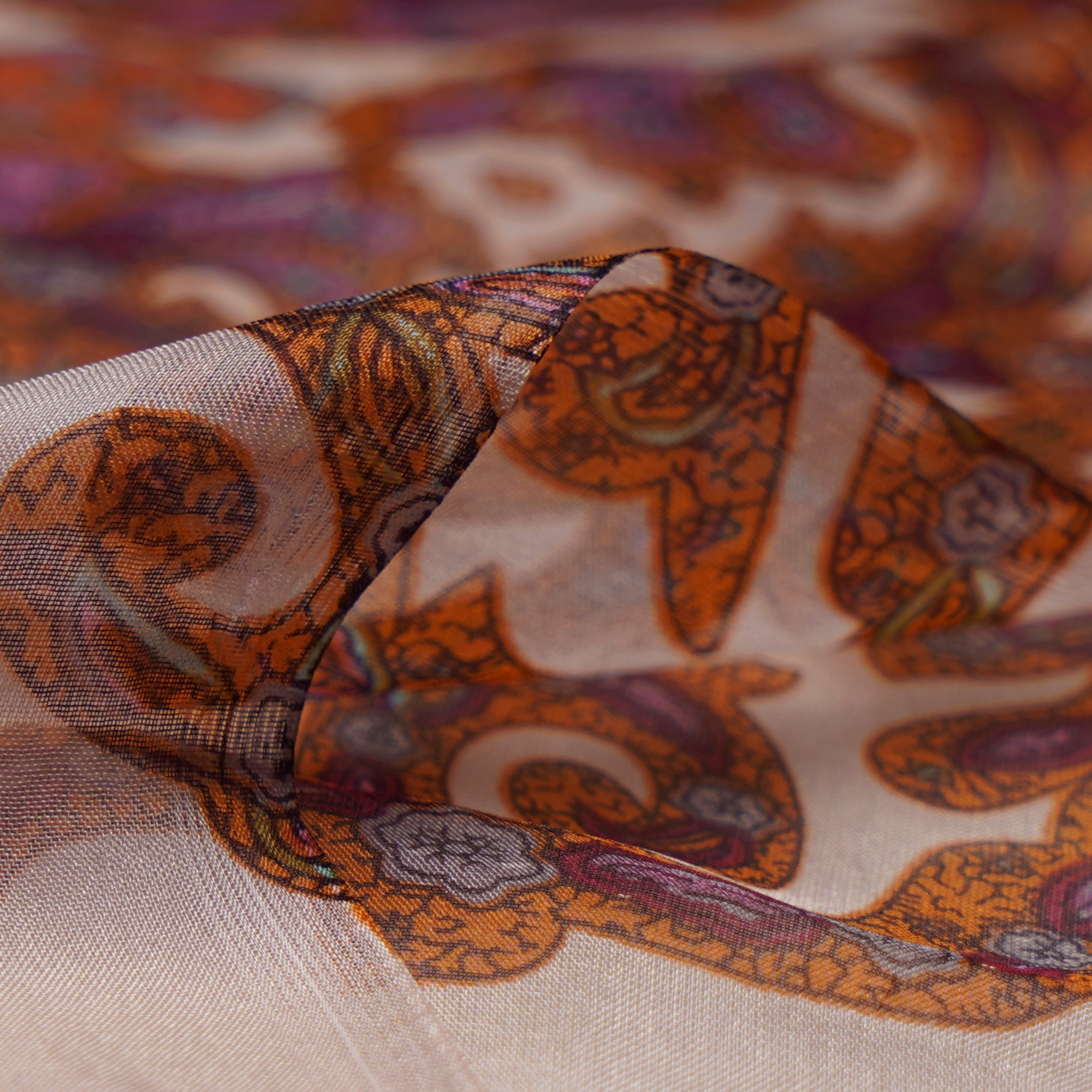 (Pre-Cut 0.80 Mtr)Multi Color Paisley Pattern Printed Flat Chiffon Silk Fabric