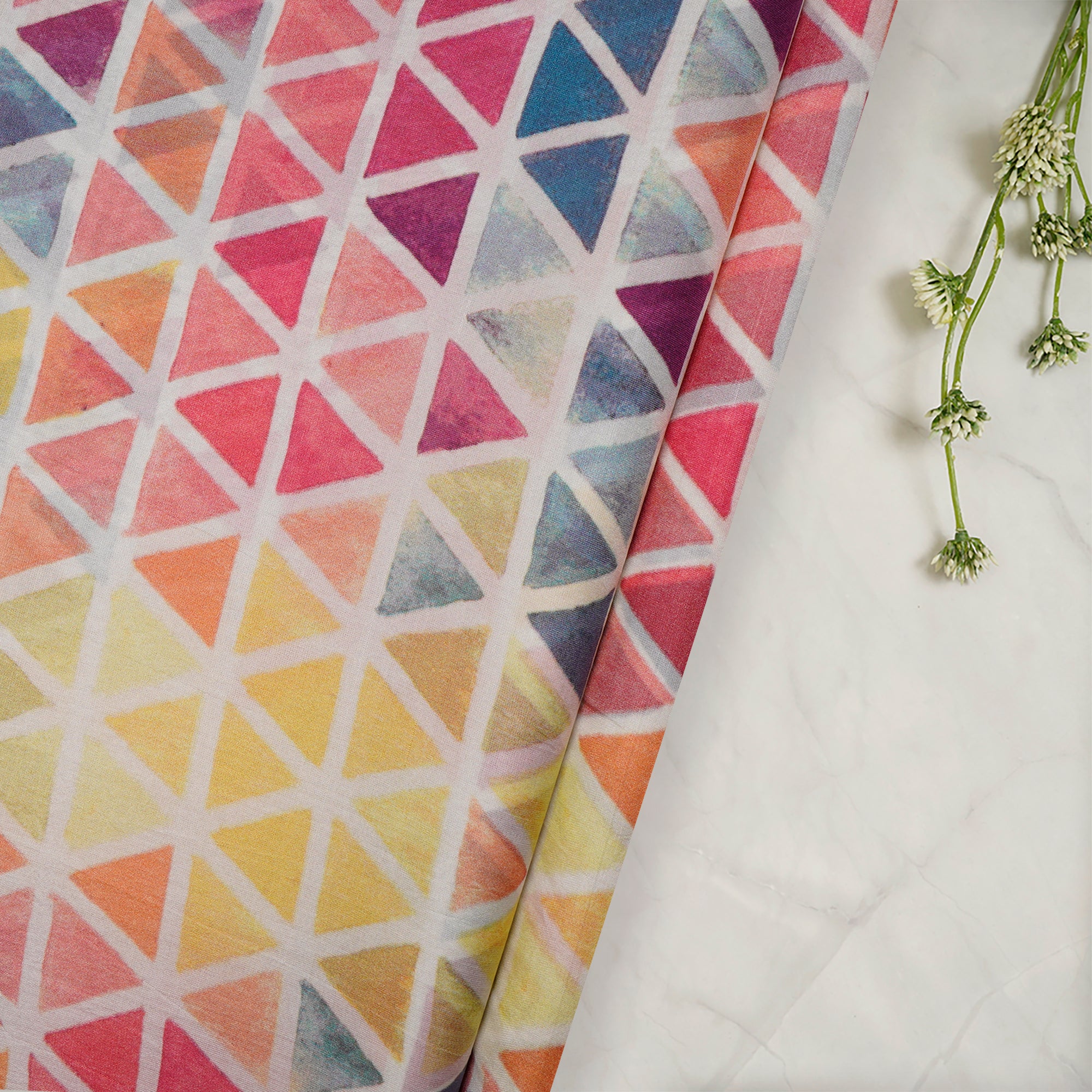 (Pre-Cut 0.90 Mtr)Multi Color Geometric Pattern Digital Print Pure Silk Fabric