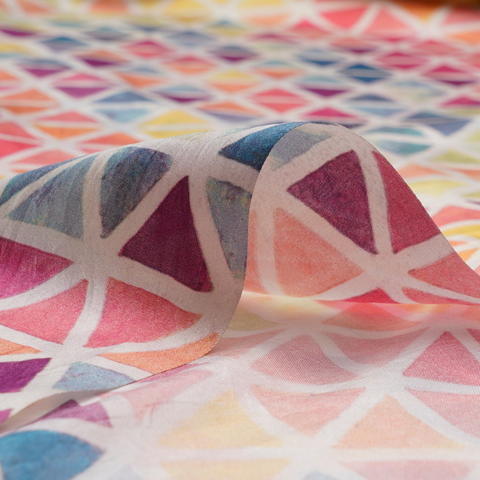 (Pre-Cut 0.90 Mtr)Multi Color Geometric Pattern Digital Print Pure Silk Fabric