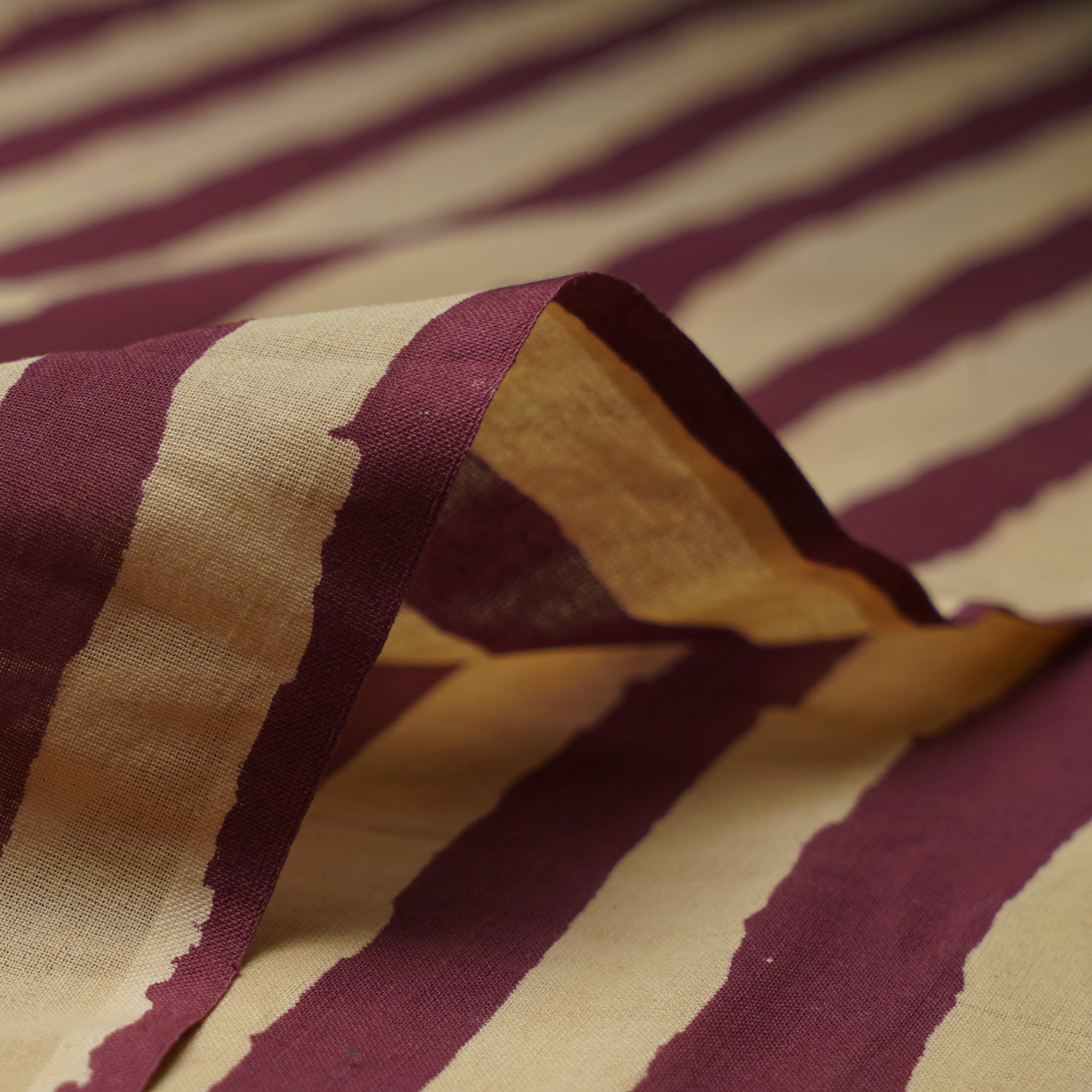(Pre-Cut 2.80 Mtr)Cream-Purple Stripe Pattern Ajrak Print Voile Fabric