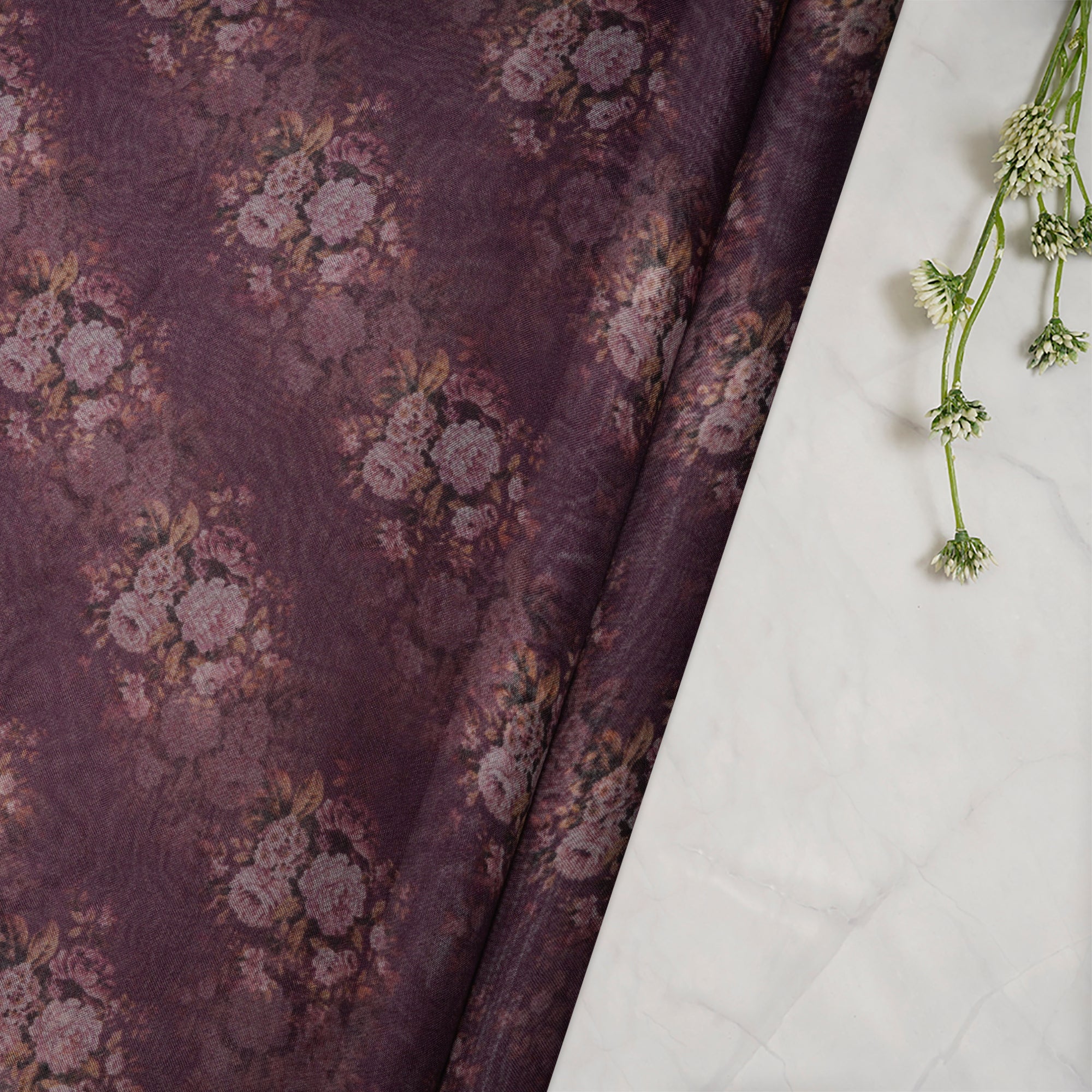 (Pre-Cut 1.20 Mtr)Purple Floral Pattern Digital Print Organza Fabric