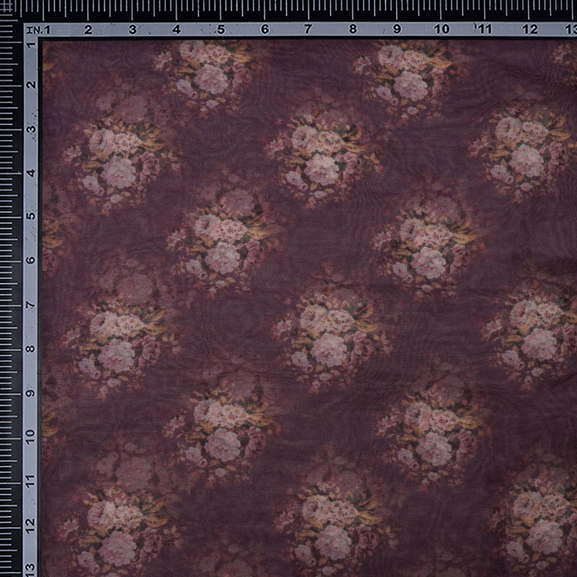(Pre-Cut 1.20 Mtr)Purple Floral Pattern Digital Print Organza Fabric