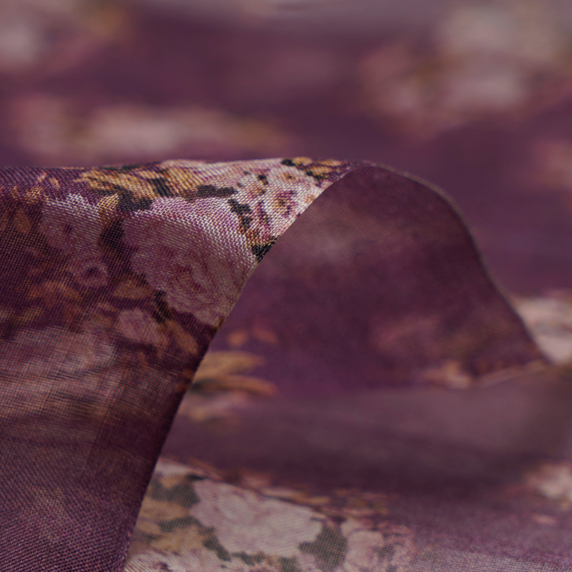 (Pre-Cut 1.20 Mtr)Purple Floral Pattern Digital Print Organza Fabric